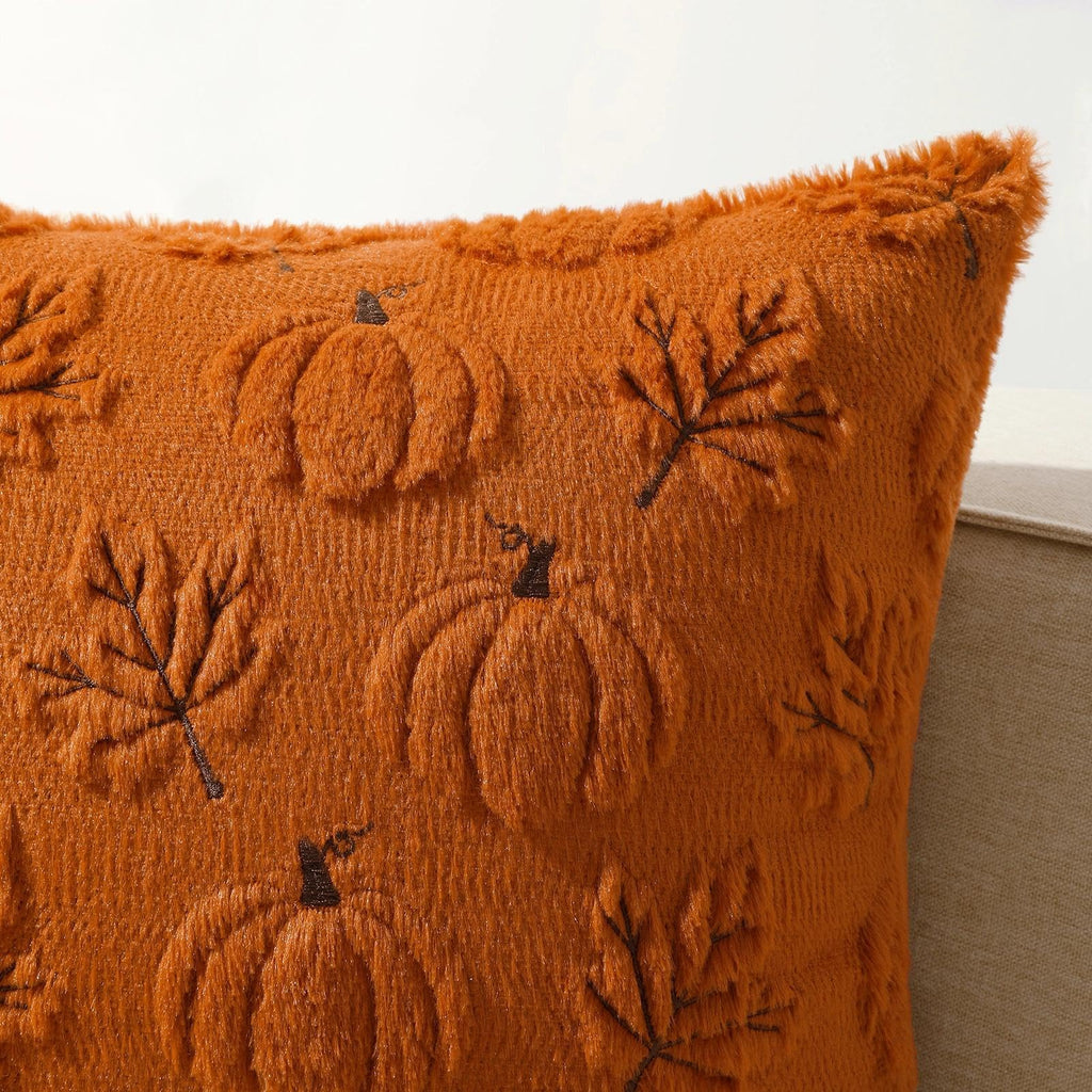 Fall Beige Pillow Covers 18x18 Set of 2 Double-Sided Pumpkin Plush | Boho farmhouse comfort with raised Autumn pumpkin embroidery, designed for living rooms, sofas, and cozy fall home decor.