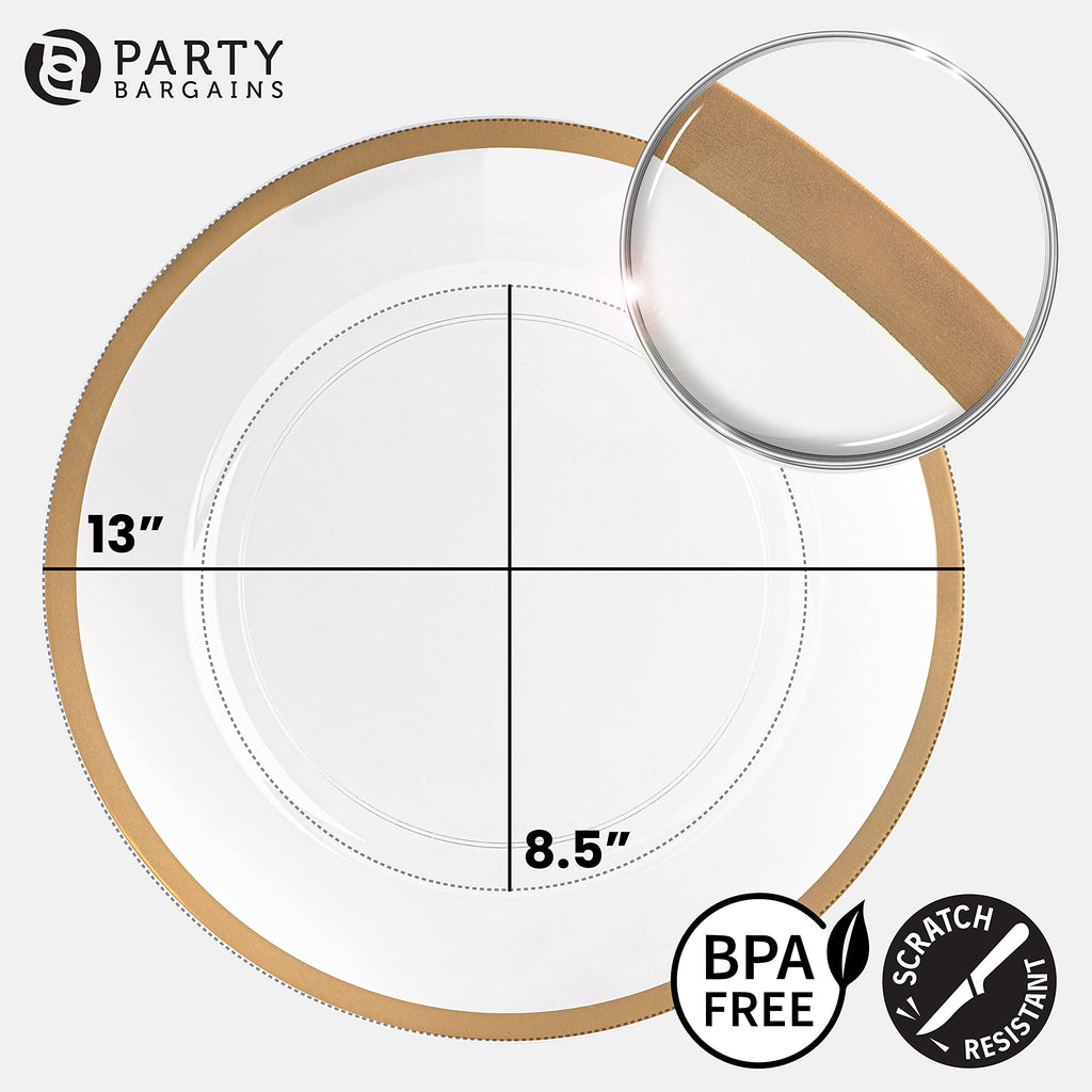 PARTY BARGAINS 13-Inch Charger Plates - 96 Pack, Clear Gold Rim, Heavy-Duty Disposable Chargers for Elegant Dining - Ideal for Weddings and Formal Events