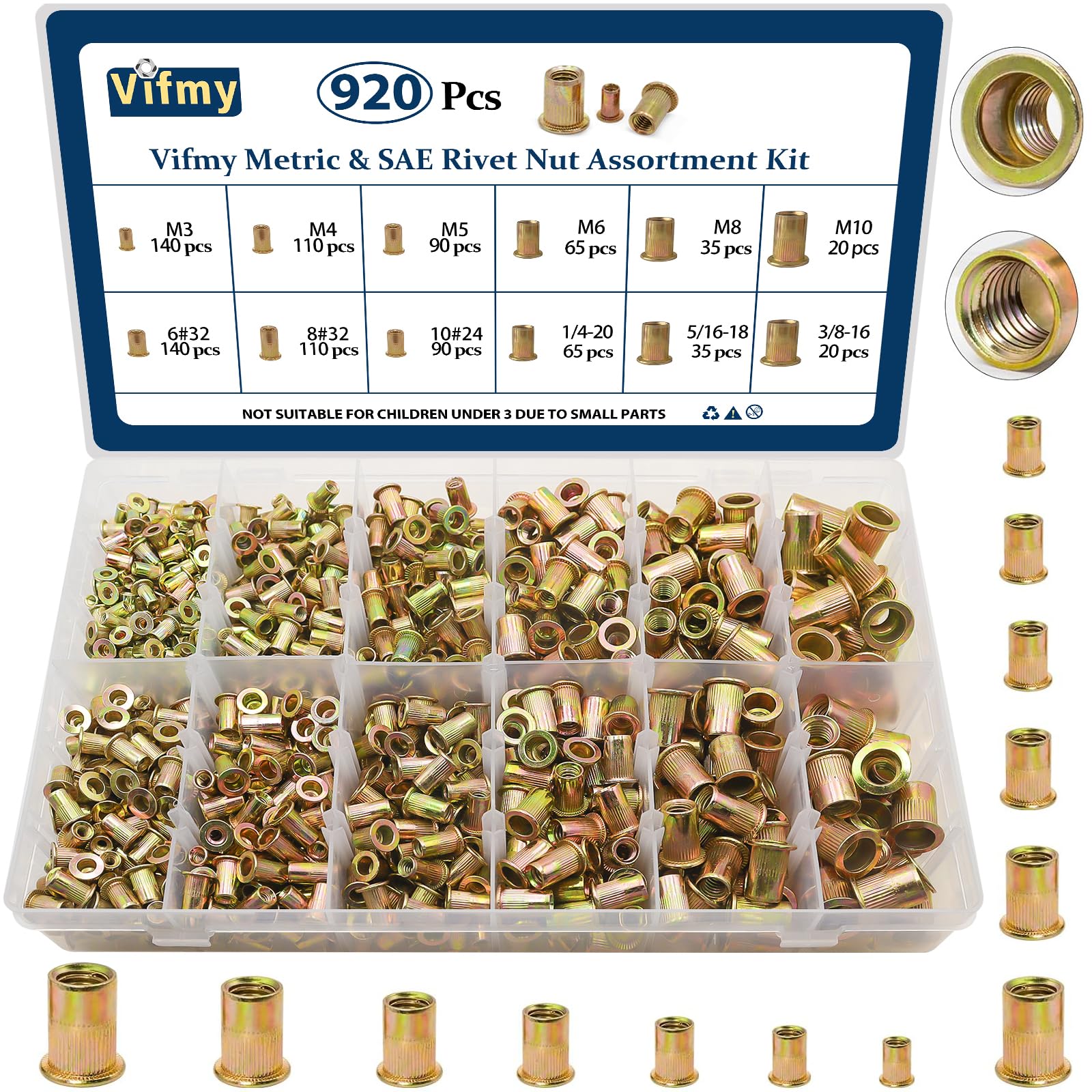 1/2''-13 UNC Rivet Nut, 10Pcs 304 Stainless Steel Flat Head Rivnut Threaded Insert Nutsert