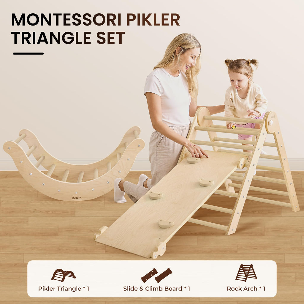 Belleur 7-in-1 Climbing Toys for Toddlers 1-3 Years Old, Foldable Wooden Pikler Triangle Set Indoor, Montessori Climbing Set with Arch, Ramp & Ladder - Natural