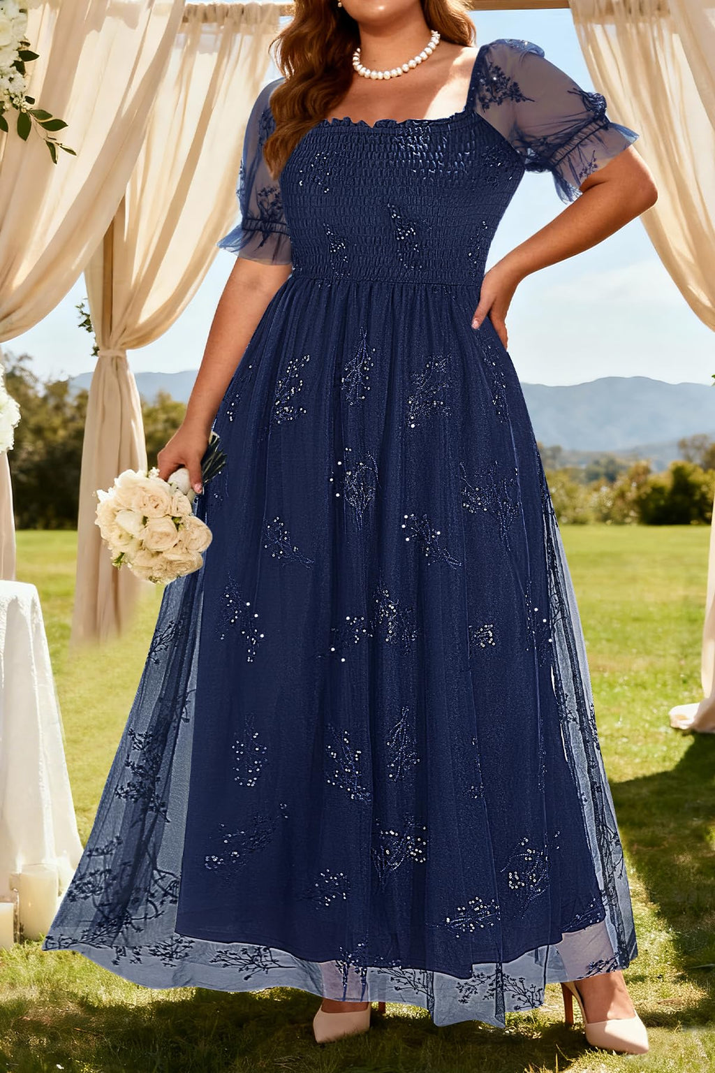 Plus Size Formal Dresses - Bridesmaid Leaf Embroidery with Sequin Tulle Prom Long Dress