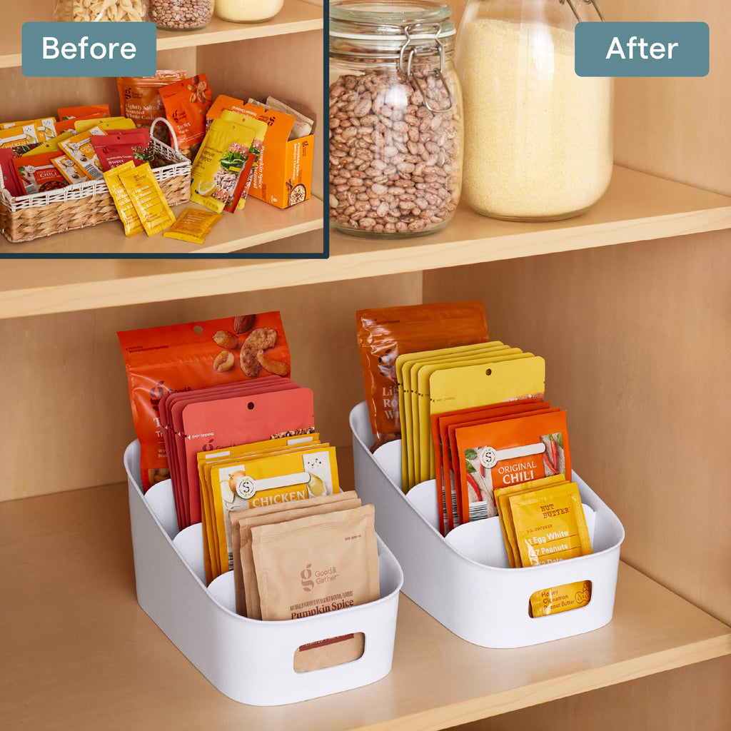 YouCopia ShelfBin Packet Organizer, 4-Tier Stairstep Raised Divided Bin, BPA-Free Storage Caddy for Kitchen Pantry and Cabinet Organization, Tea Bags, Medicine, and More