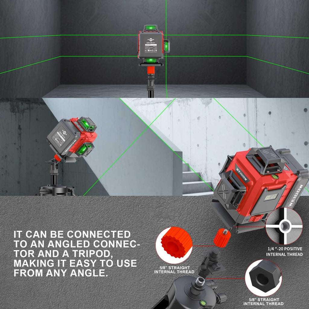 WEIDDW Laser Level with Tripod, Self Leveling Laser Level 4x360°, Green Line Laser 4D Laser Leveler Tool with 2Pcs Lithium Batteries for Picture Hanging, Tile, Home Renovation(SizeX)