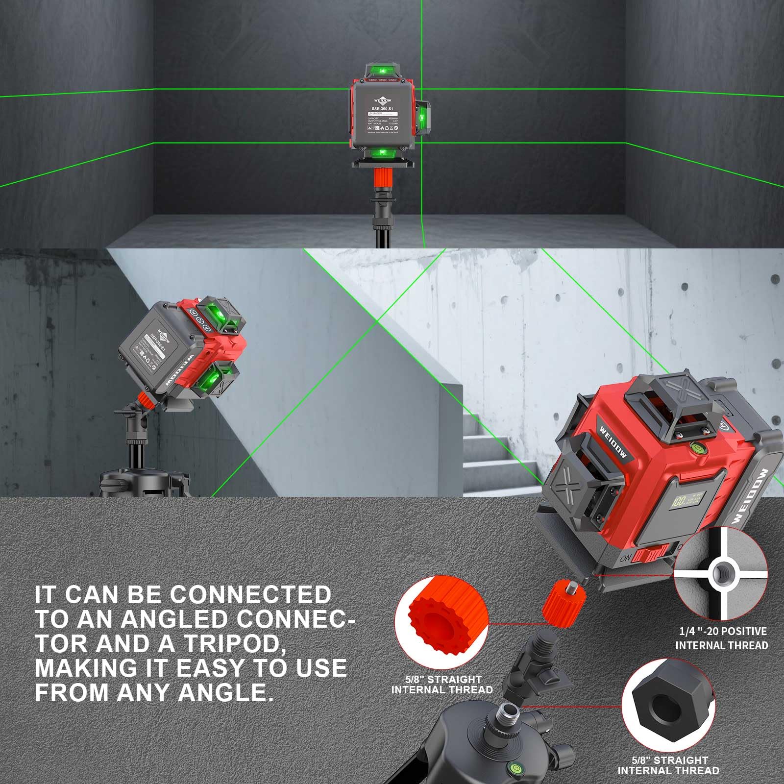WEIDDW Laser Level with Tripod, Self Leveling Laser Level 4x360°, Green Line Laser 4D Laser Leveler Tool with 2Pcs Lithium Batteries for Picture Hanging, Tile, Home Renovation(SizeX)