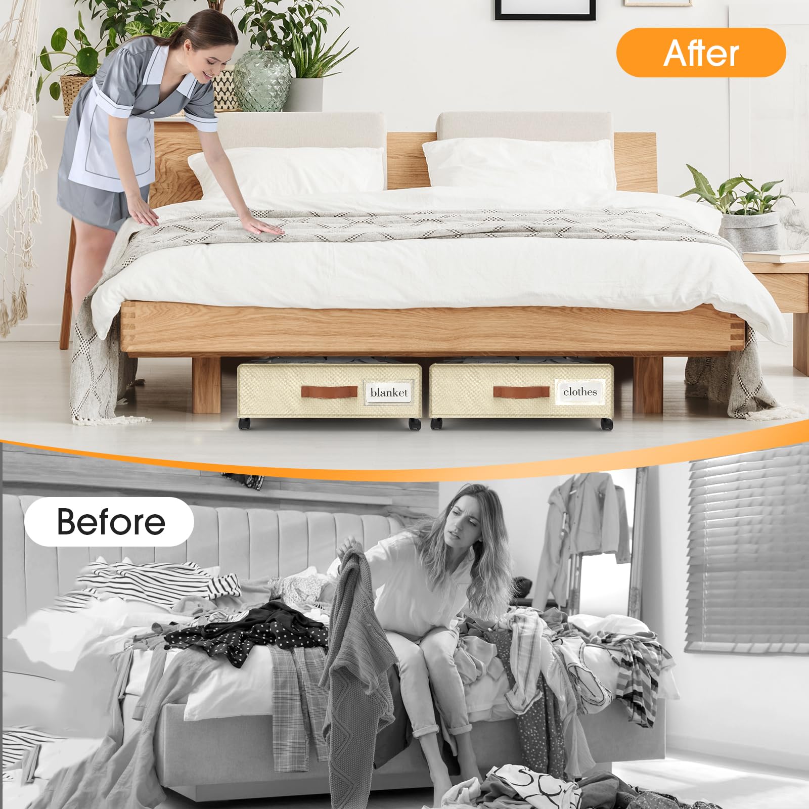 SpaceHacks Under Bed Storage with Wheels 1Pack Underbed Storage with Clear Window&Label Under Bed Drawers Large Capacity Rolling Under Bed Storage for Clothes,Shoes, Blankets (Beige)