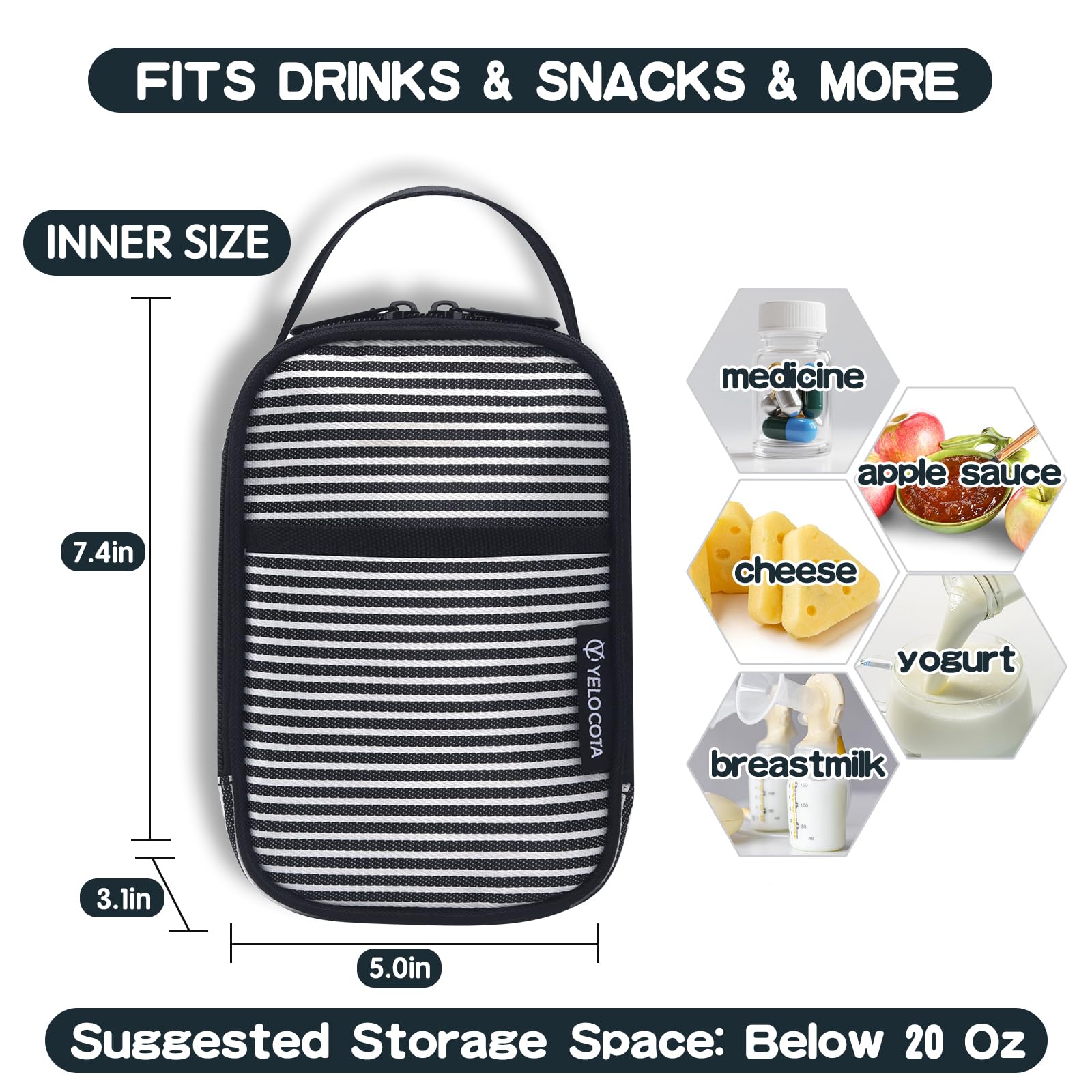 Yelocota Small Insulated Lunch Bag- Snack Bag- Mini Cooler Bag with Handle for Travel,Work,School(Storage Space below 20oz)- Also Suitable for Pairing with Food Jar