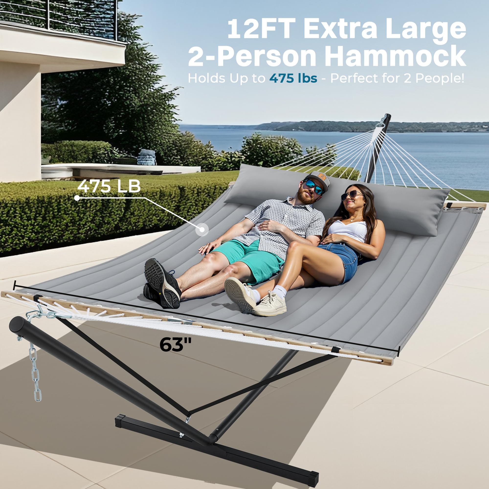 SUPERJARE Hammock with Stand, 2 Person Quilted Outdoor Hammock, Detachable Pillow & Bamboo Spreaders, Portable Hammock with Carrying Bag, Heavy Duty Stand, Perfect for Outside, Patio, Aqua Blue
