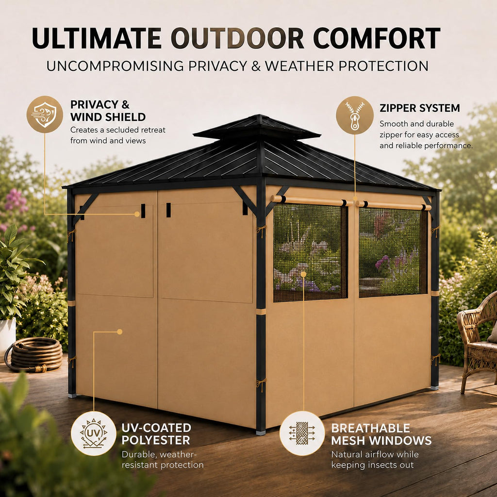 Gazebo Privacy Curtains 10' x 10' with Mosquito Windows, 4-Panels Side Wall with Zipper Universal Replacement for Patio, Outdoor Canopy, Garden and Backyard, Gray (Curtain Only)
