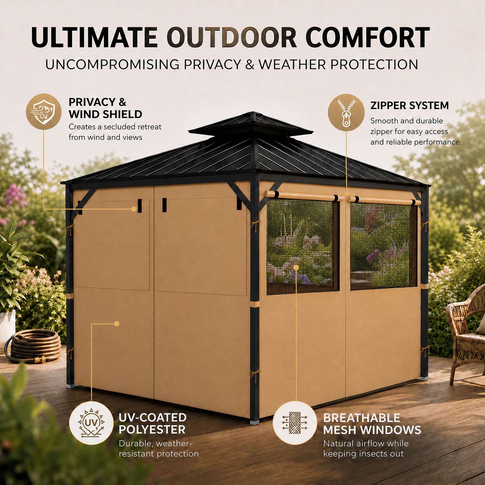 Gazebo Privacy Curtains 10' x 10' with Mosquito Windows, 4-Panels Side Wall with Zipper Universal Replacement for Patio, Outdoor Canopy, Garden and Backyard, Gray (Curtain Only)