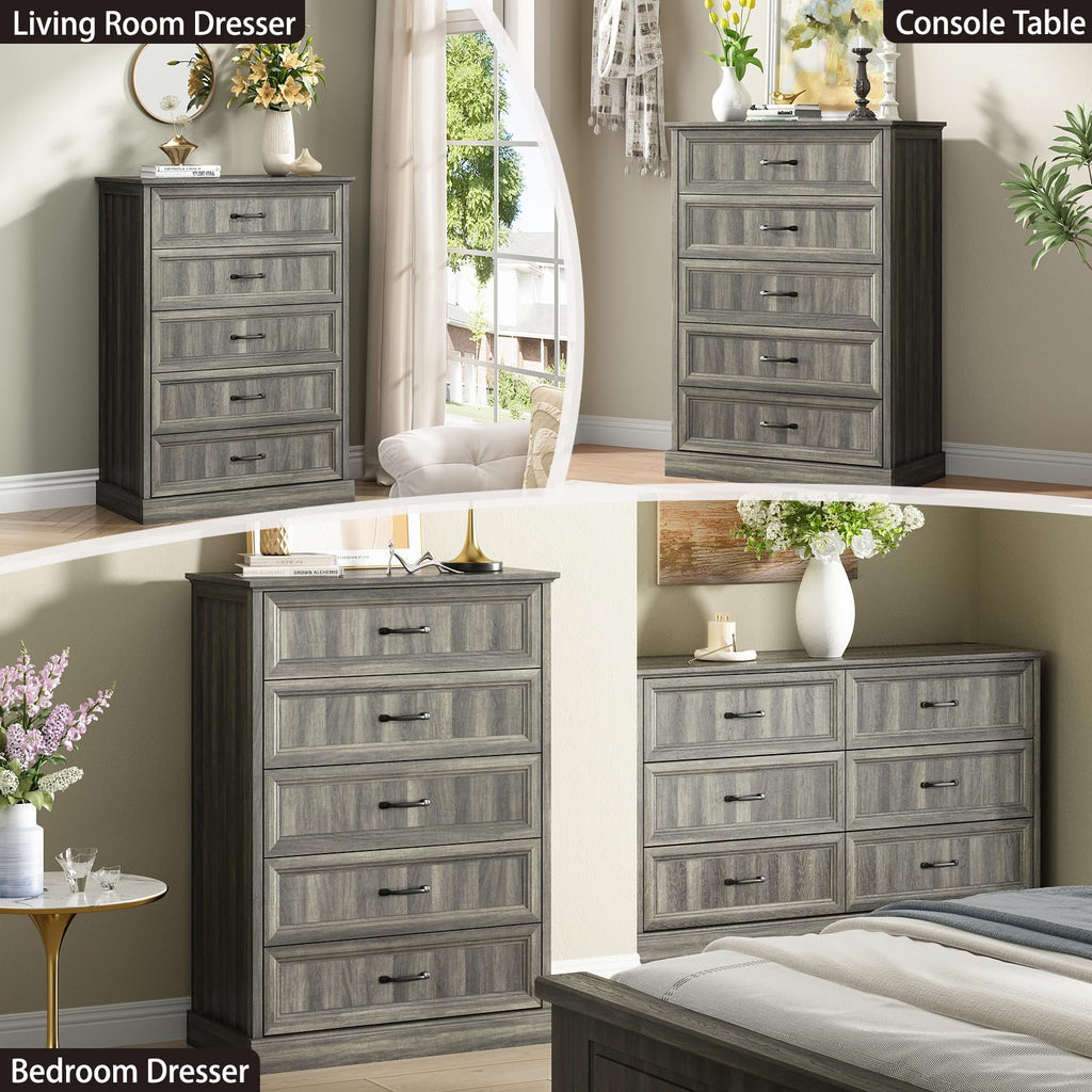 Farmhouse 5 Drawers Dresser for Bedroom, 44" Tall Brown dresser Wood Rustic Chest of Drawers with Wide Metal Handle,Natural Texture,Drawer Organizer for Bedroom,Living Room,Hallway and Entryway