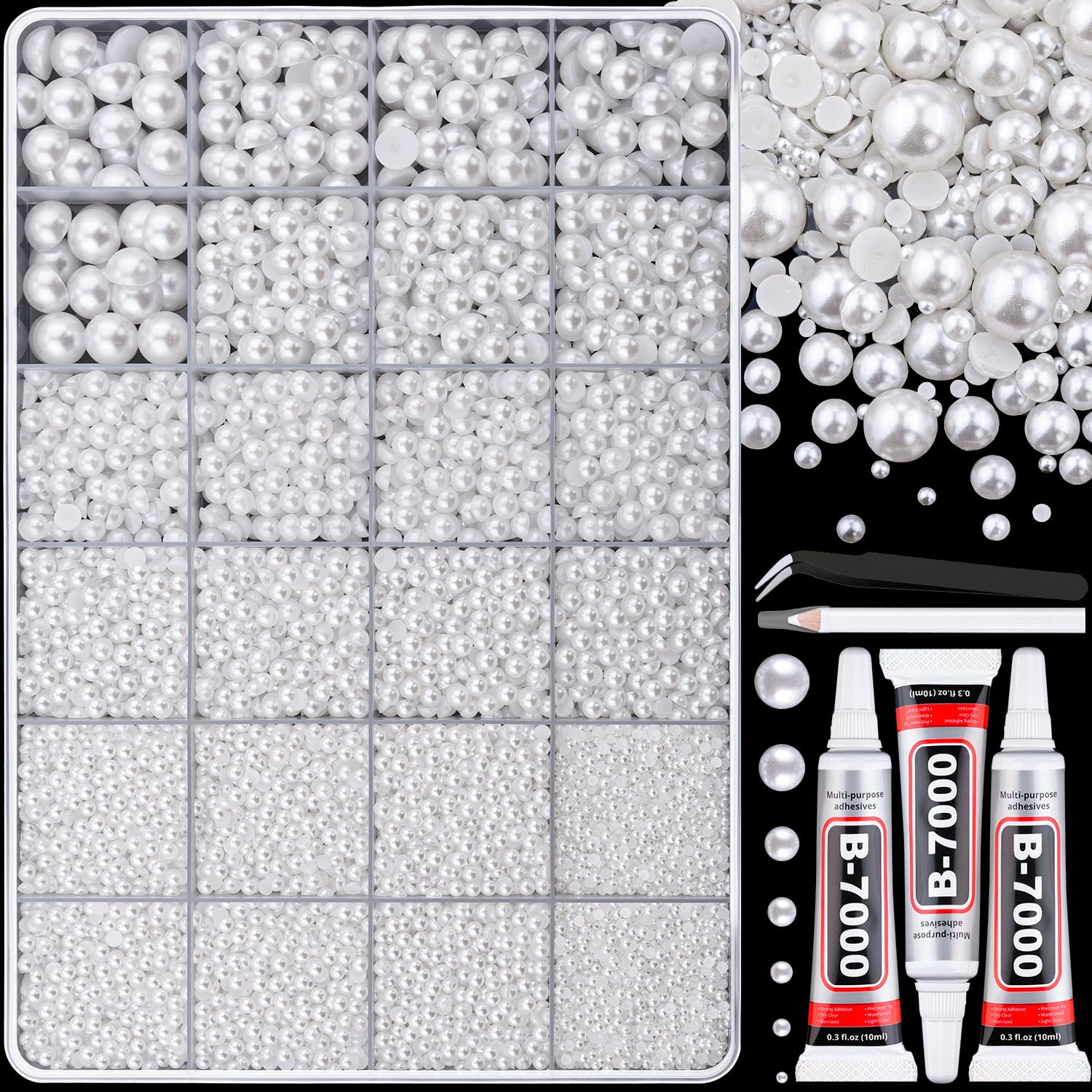 BELLEBOOST 5600pcs ABS Round Flat Back Beige Pearls Kit with Pickup Tools for Nail Art, Face, Body Decorations