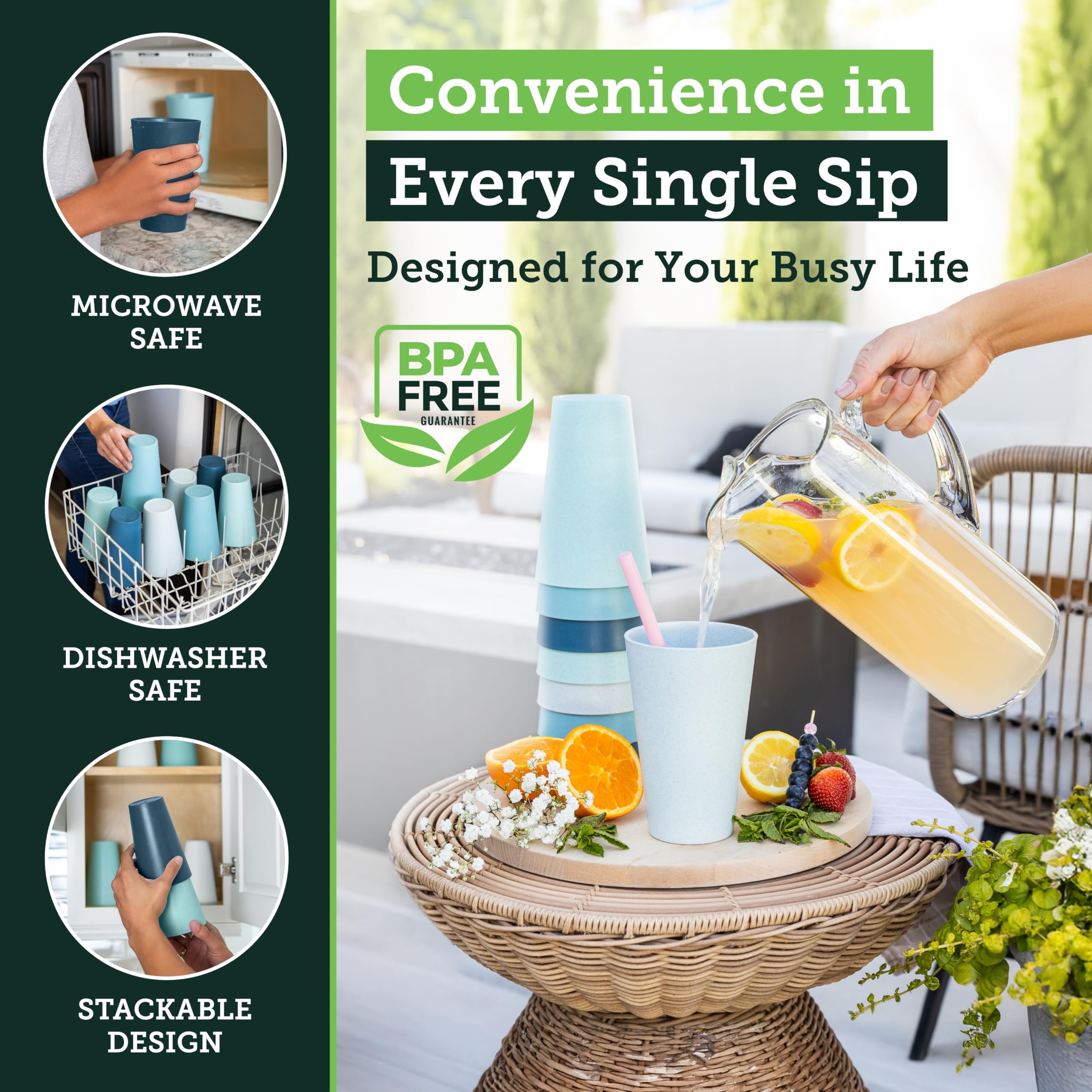 Grow Forward Premium Wheat Straw Cups - 13 & 20 oz Unbreakable BPA Free Hard Plastic Cups - Reusable Lightweight Plastic Drinking Glasses for Kitchen, Outdoor, Water, Camping, RV - Midnight