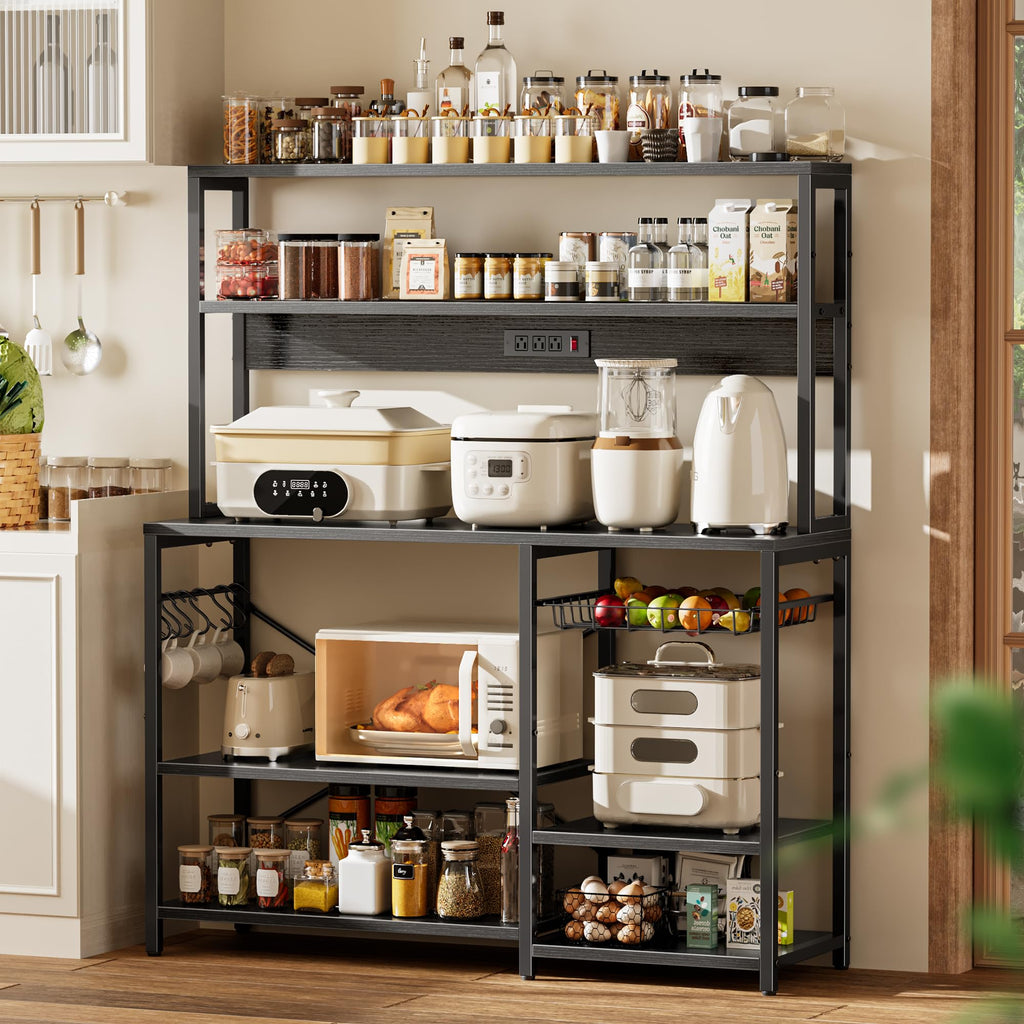 SUPERJARE Bakers Rack with Power Outlet, 35.4 Inches Coffee Bar with Wire Basket, Kitchen Microwave Stand with 6 S-Shaped Hooks, Open Storage Shelves, Black