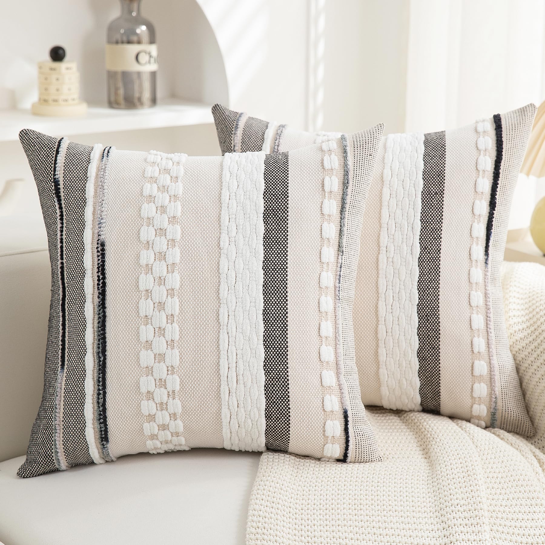 Boho Pillow Covers 18x18 Set of 2 for Couch-Modern Farmhouse Sofa Decorative Throw Pillow Covers Textured Chenille Cushion Covers Outdoor Netural Bohemian Pillow Cases Square