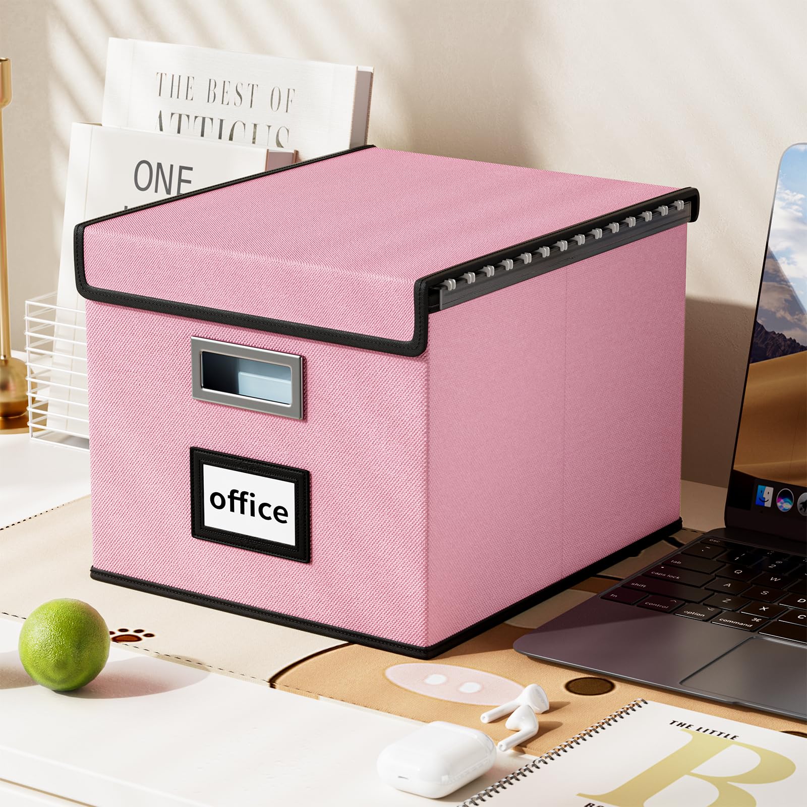 File Organizer Box with Lid, Collapsible Faux Leather Hanging File Folder Box Organizer with Plastic Slides, Decorative Home/Office Filing System Boxes for File and Folders Storage
