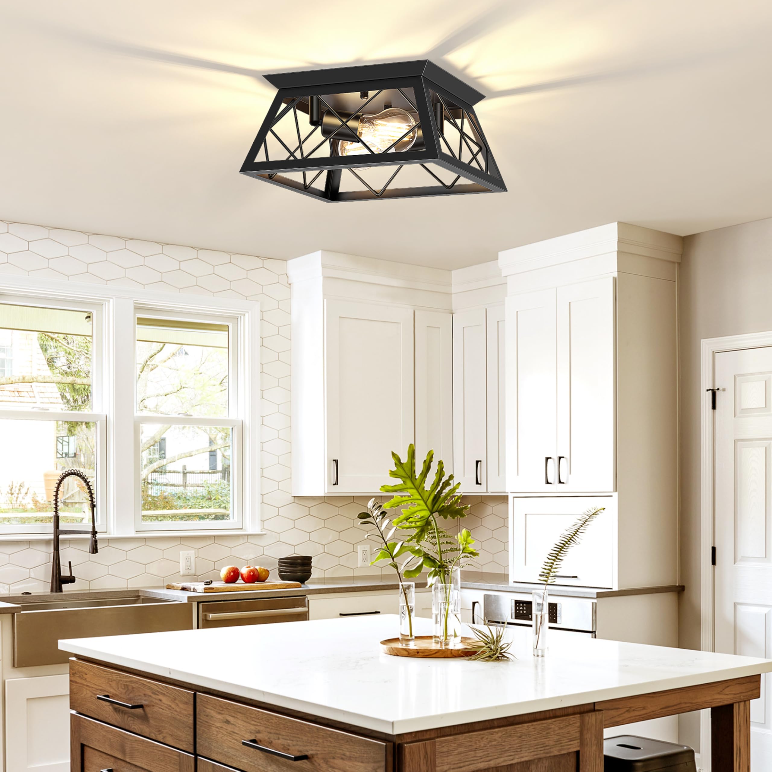 FadimiKoo 2-Light Black Flush Mount Ceiling Light Fixture, Industrial Hallway Light Fixtures Ceiling Mount for Farmhouse Kitchen, Square Cage Ceiling Lamp for Dining Room, Living Room, Entryway