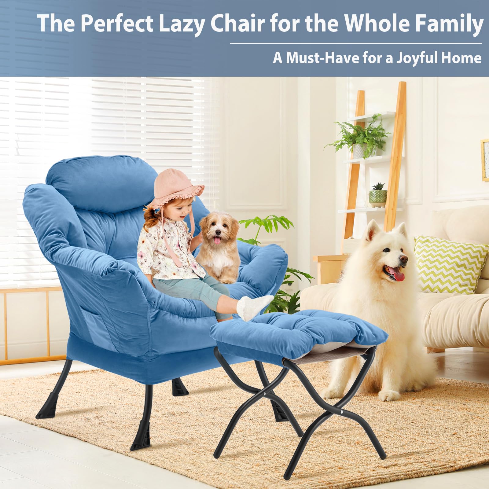 Youtanic Lazy Chair with Folding Ottoman, Accent Chair Velvet Upholstered with Metal Structure and Non-Slip Pads, Sofa Armchair with Footrest and Side Storage Bag for Dorm, Room, Office, Beige