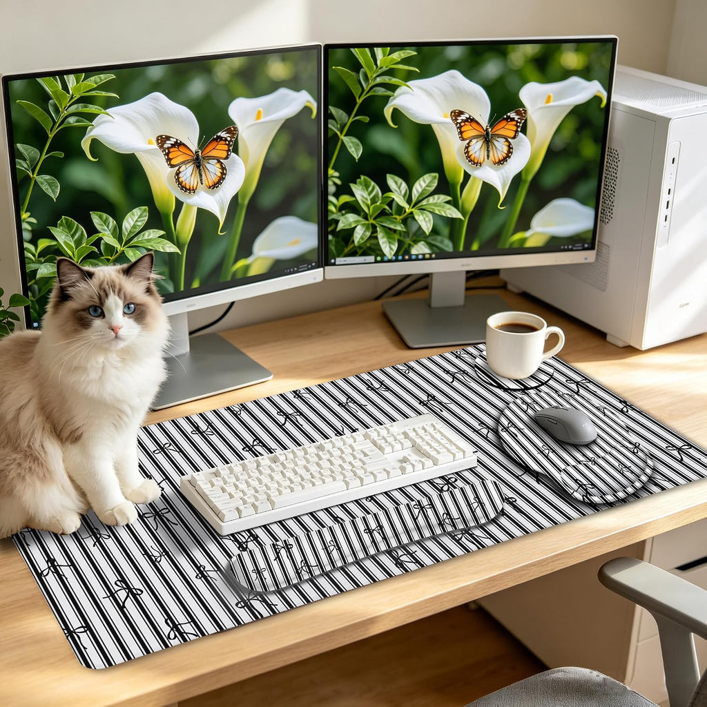 Black Striped Ergonomic Large Desk Mat Set with Wrist Rest