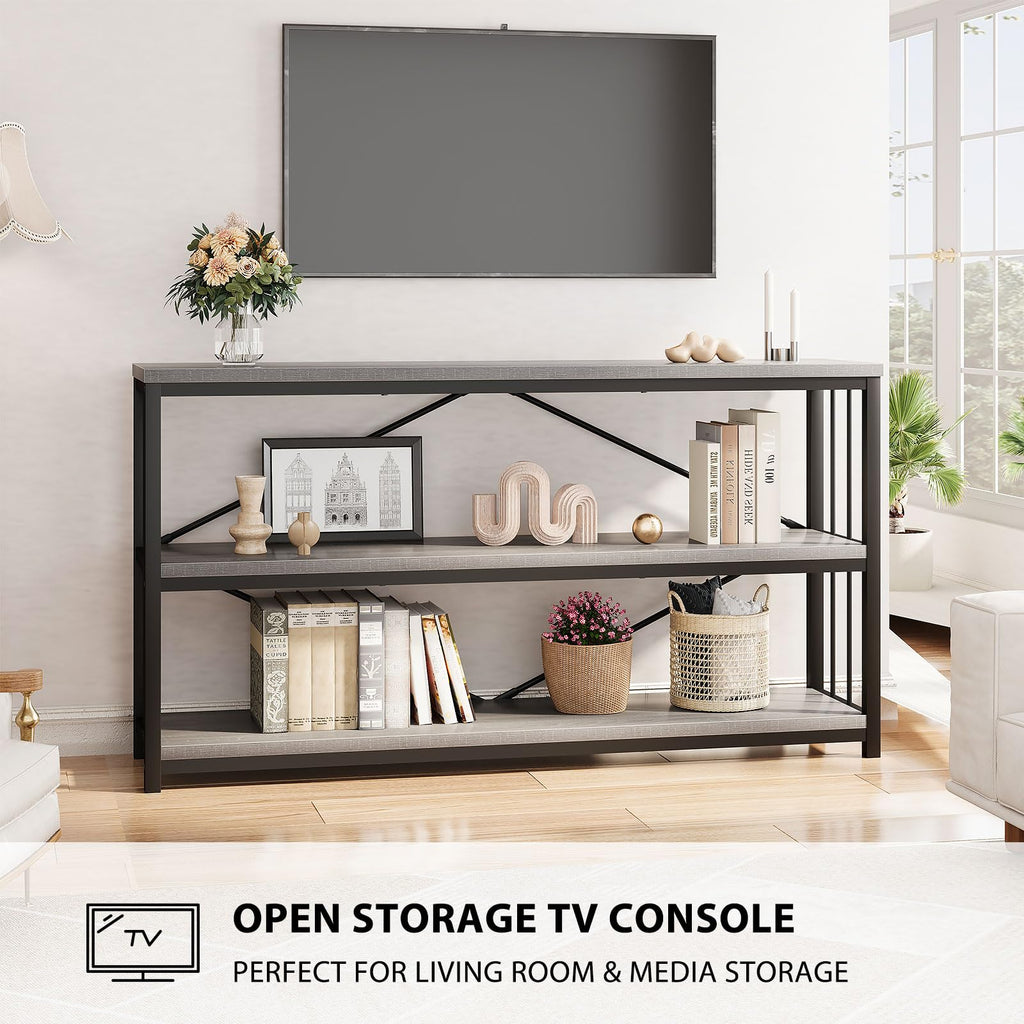 LVB Black Console Table, Modern Entryway Table for Hallway Living Room, Industrial Sofa Table Behind Couch, Farmhouse Wooden Metal Entry Table for Foyer with 3-Tier Storage Shelves, Black Oak, 55 Inch