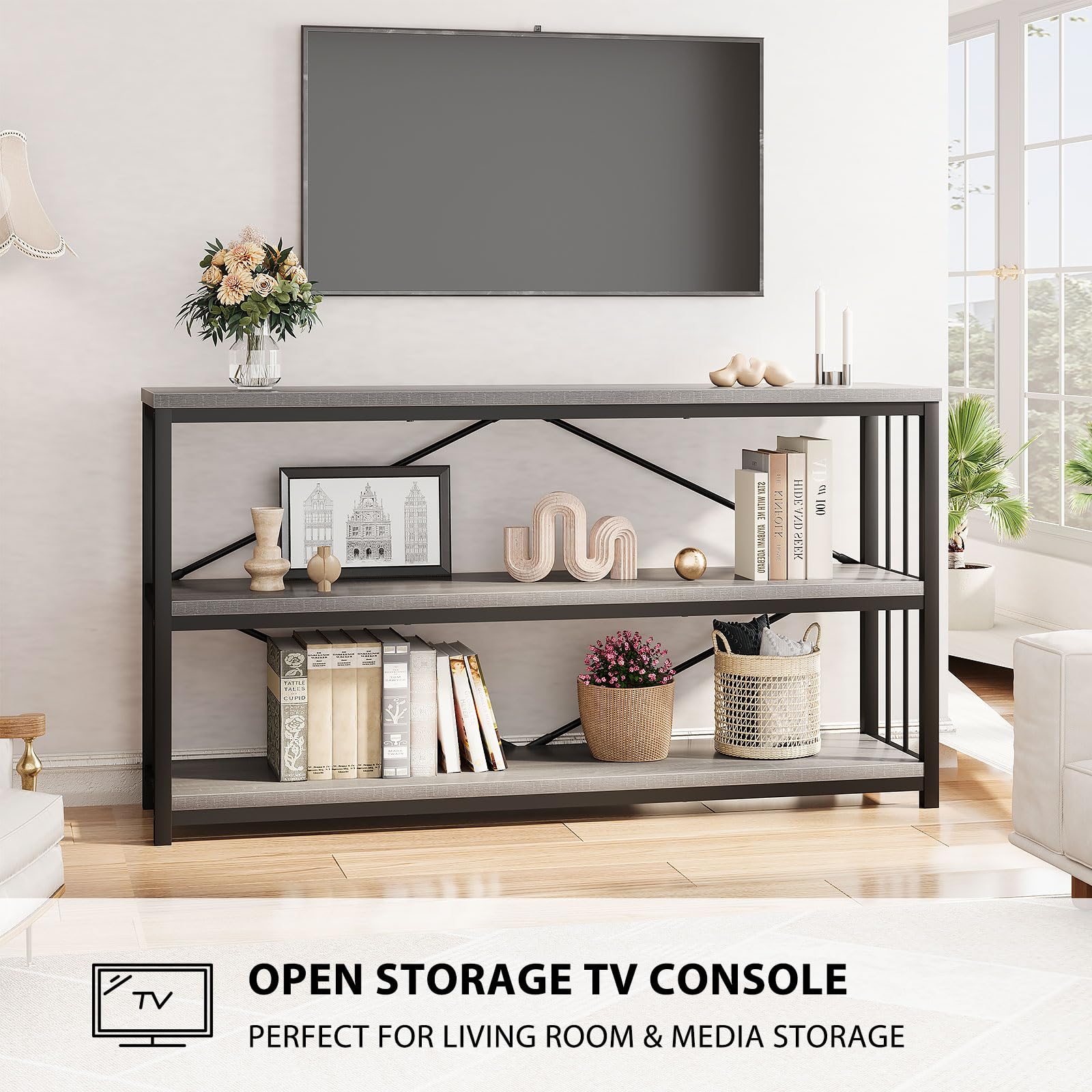 LVB Black Console Table, Modern Entryway Table for Hallway Living Room, Industrial Sofa Table Behind Couch, Farmhouse Wooden Metal Entry Table for Foyer with 3-Tier Storage Shelves, Black Oak, 55 Inch