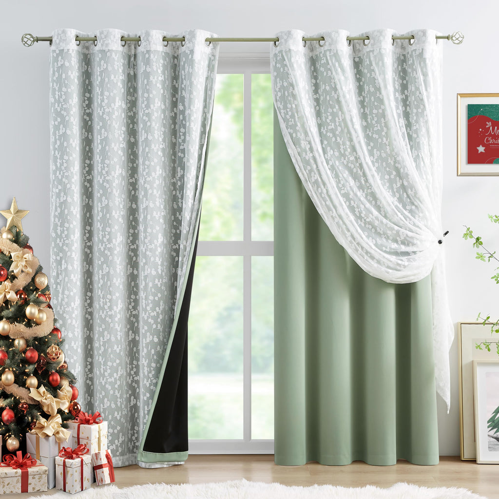Jubilantex Full Blackout Curtains + Leaf Sheer Window Panels, Beige Mix and Match Style Double Layer Window Treatment Sets for Bedroom Living Room, 4 Panels 52" W x 63" L, Beige and White