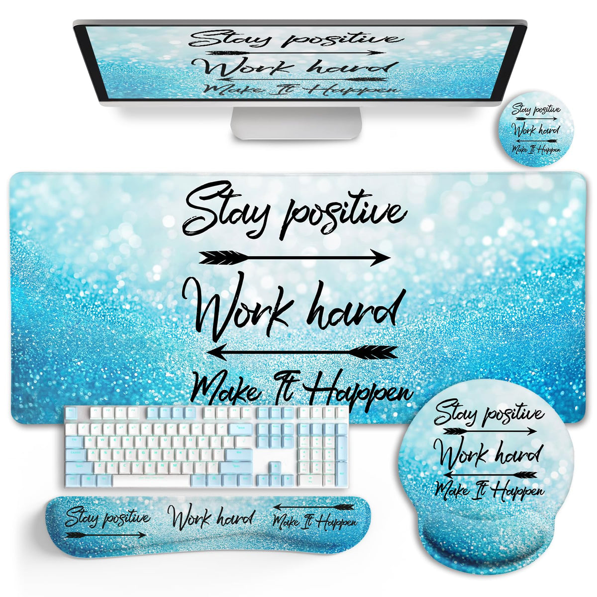 Black Striped Ergonomic Large Desk Mat Set with Wrist Rest