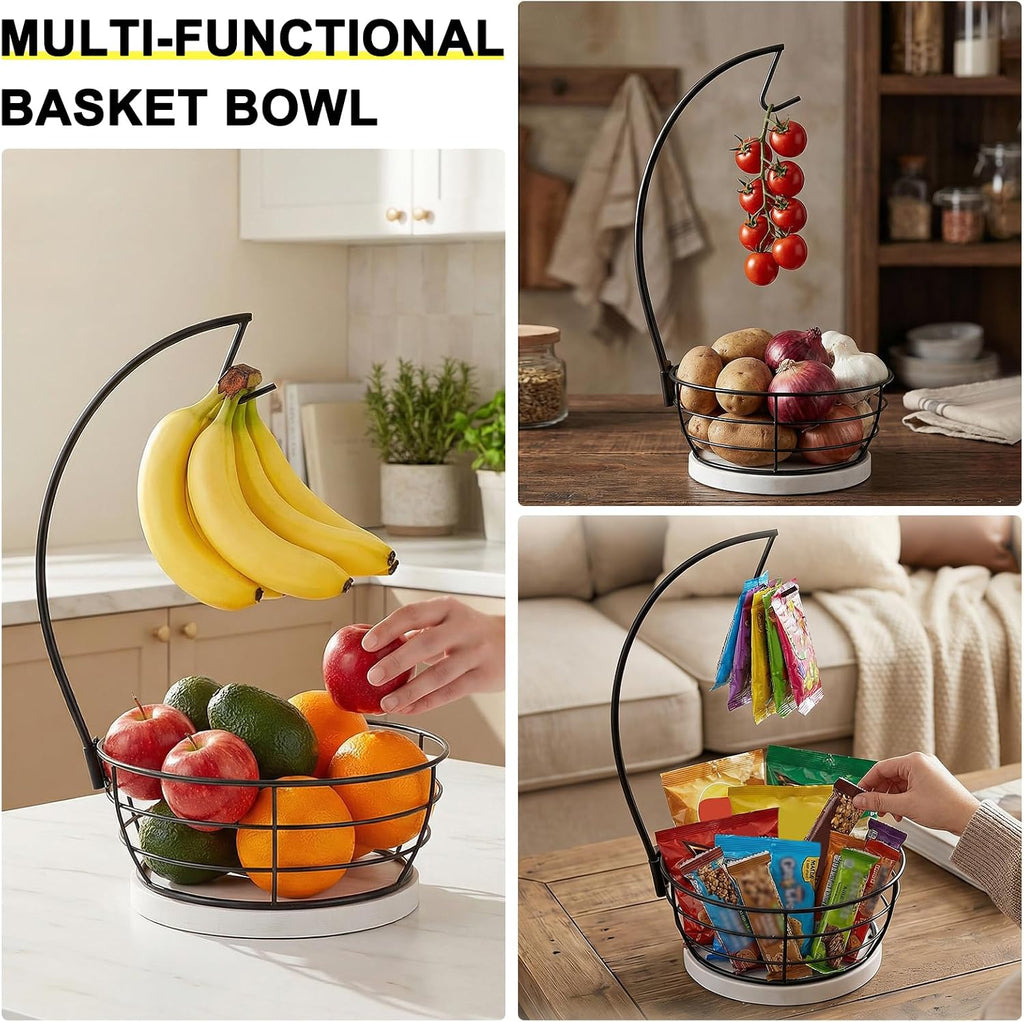 Countertop Fruit Basket Bowl with Banana Hanger, Modern Standing Fruit Vegetable Bowl Storage, with Banana Tree Holder for Kitchen Dinning Table (Round Marble, Black)