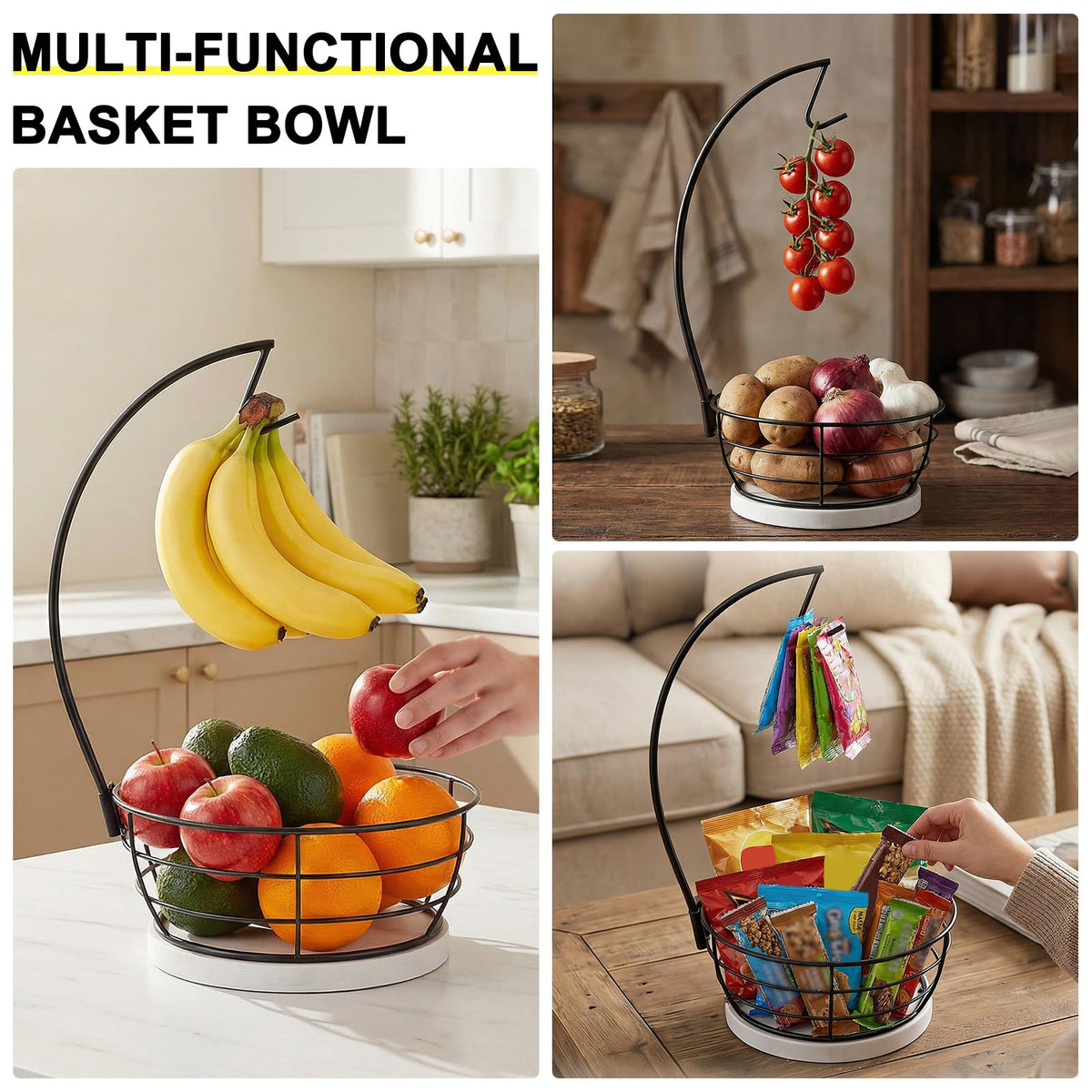 Countertop Fruit Basket Bowl with Banana Hanger, Modern Standing Fruit Vegetable Bowl Storage, with Banana Tree Holder for Kitchen Dinning Table (Round Marble, Black)