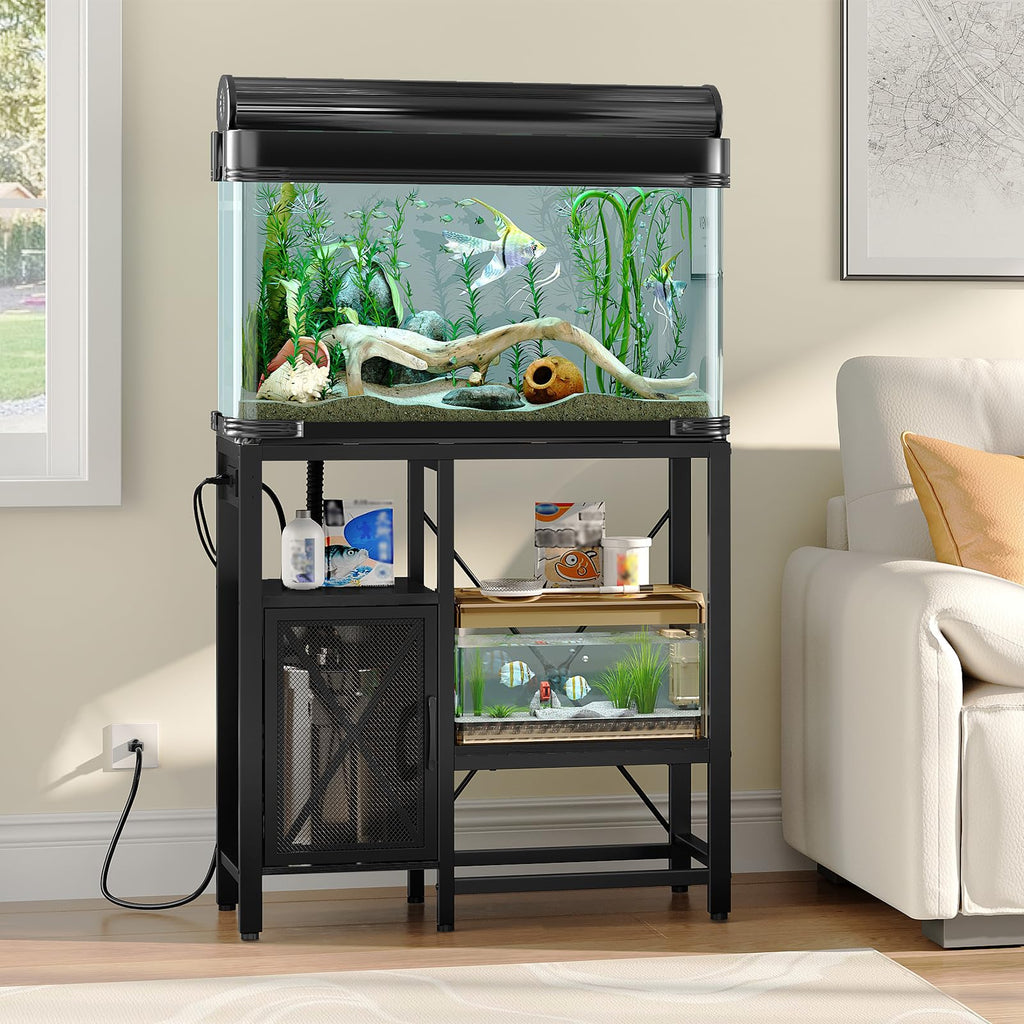 MAHANCRIS 20-37 Gallon Fish Tank Stand, Aquarium Stand with Power Outlet and Storage Cabinet, Heavy Duty Tank Stand Suitable for Turtle Tank, Reptile Terrarium, for Home Office, Black FTHB40E01