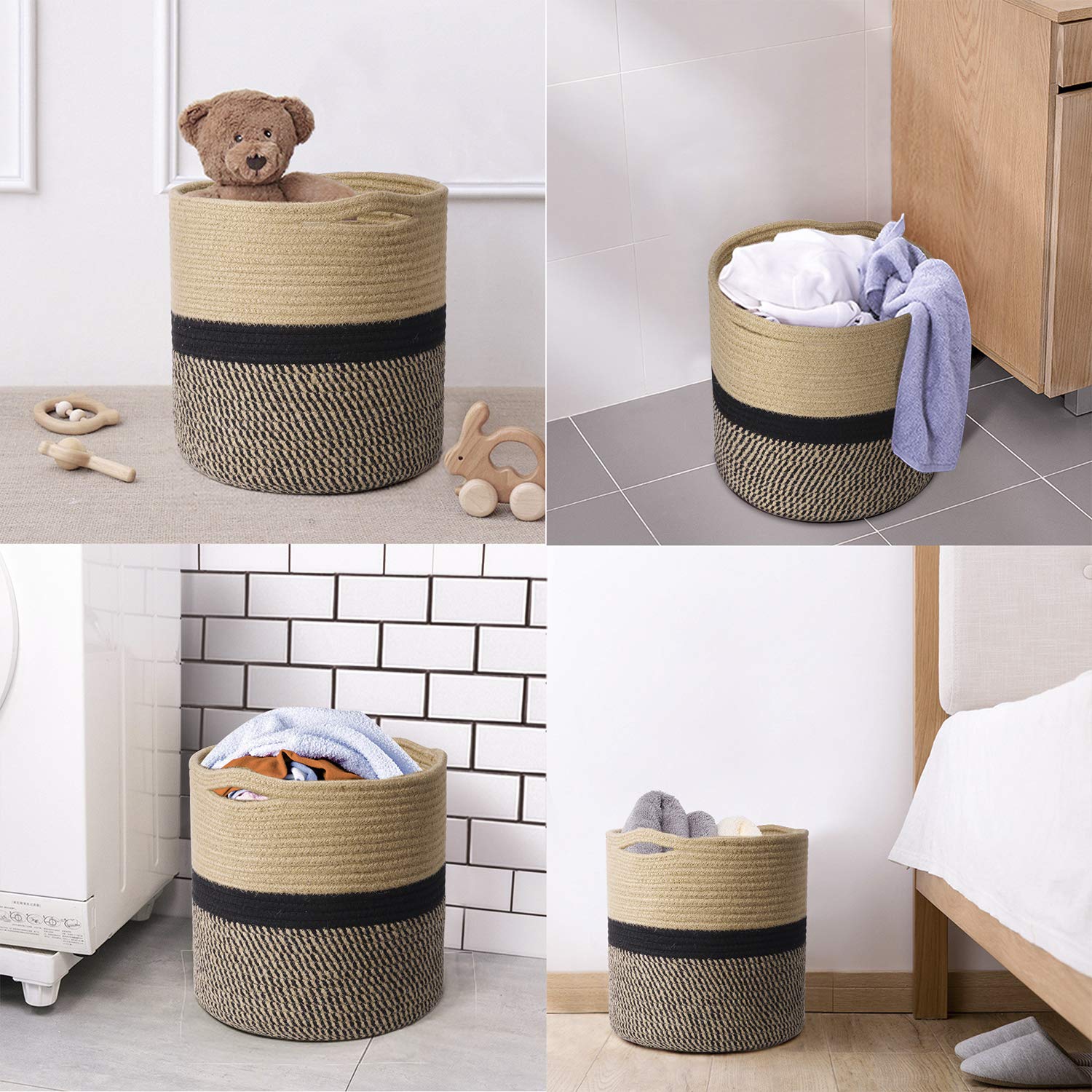 TIMEYARD Sturdy Jute Rope Plant Basket Modern Woven Basket up to 7.5 Inch Flower Pot Floor Indoor Planters, 8” x 8” Storage Organizer Baskets Rustic Home Decor, Black Stripes