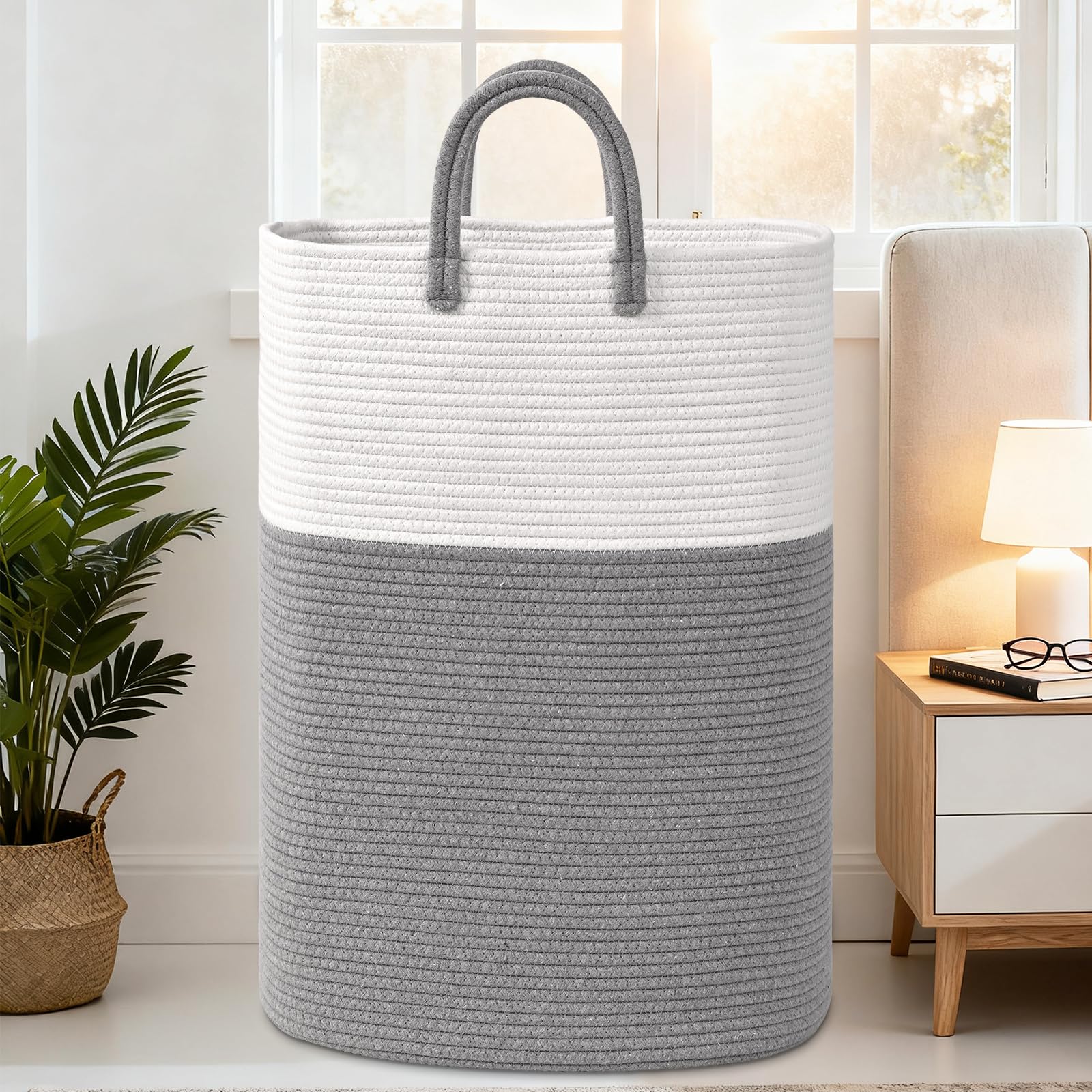 Woven Laundry Basket for Clothes, 50L Large Rectangle Laundry Hampers with Beads Tassel, Nursery Storage Basket for Toys, Tall Dirty Clothes Hamper for Bedroom Aesthetic, Laundry Room Organization