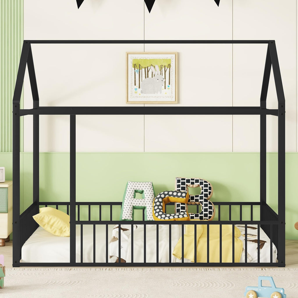 Bellemave Twin Size Montessori Floor Bed, Metal House Bed Framefor Kids, Montessori Floor Beds with Fence, Playhouse for Kids,Black