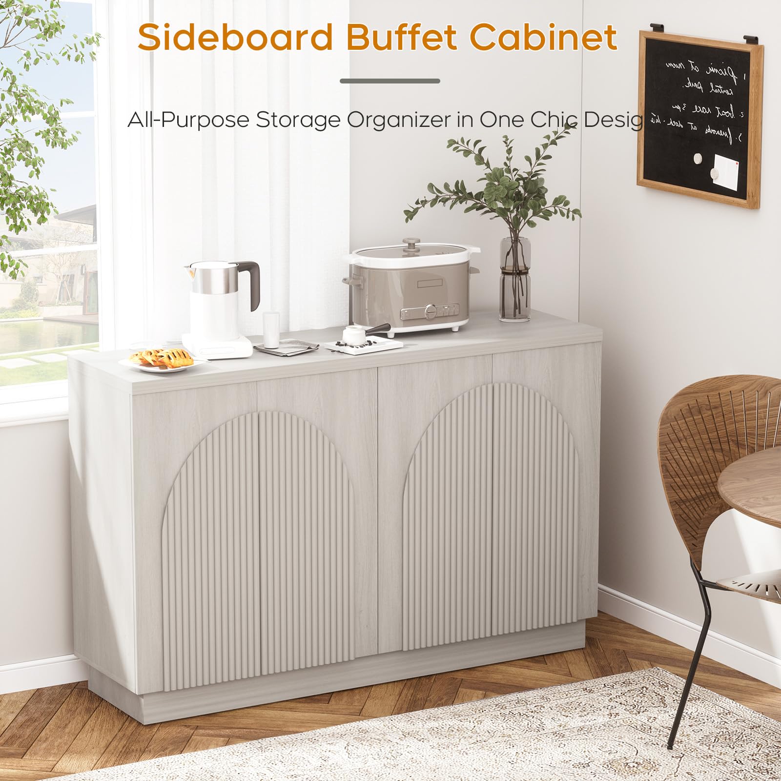 Yechen 55" Fluted Sideboard Buffet Cabinet with Storage, Wood Mid Century Modern Credenza Cabinet w/Arched Reeded Doors & Adjustable Shelves for Kitchen, Living Room, Entryway