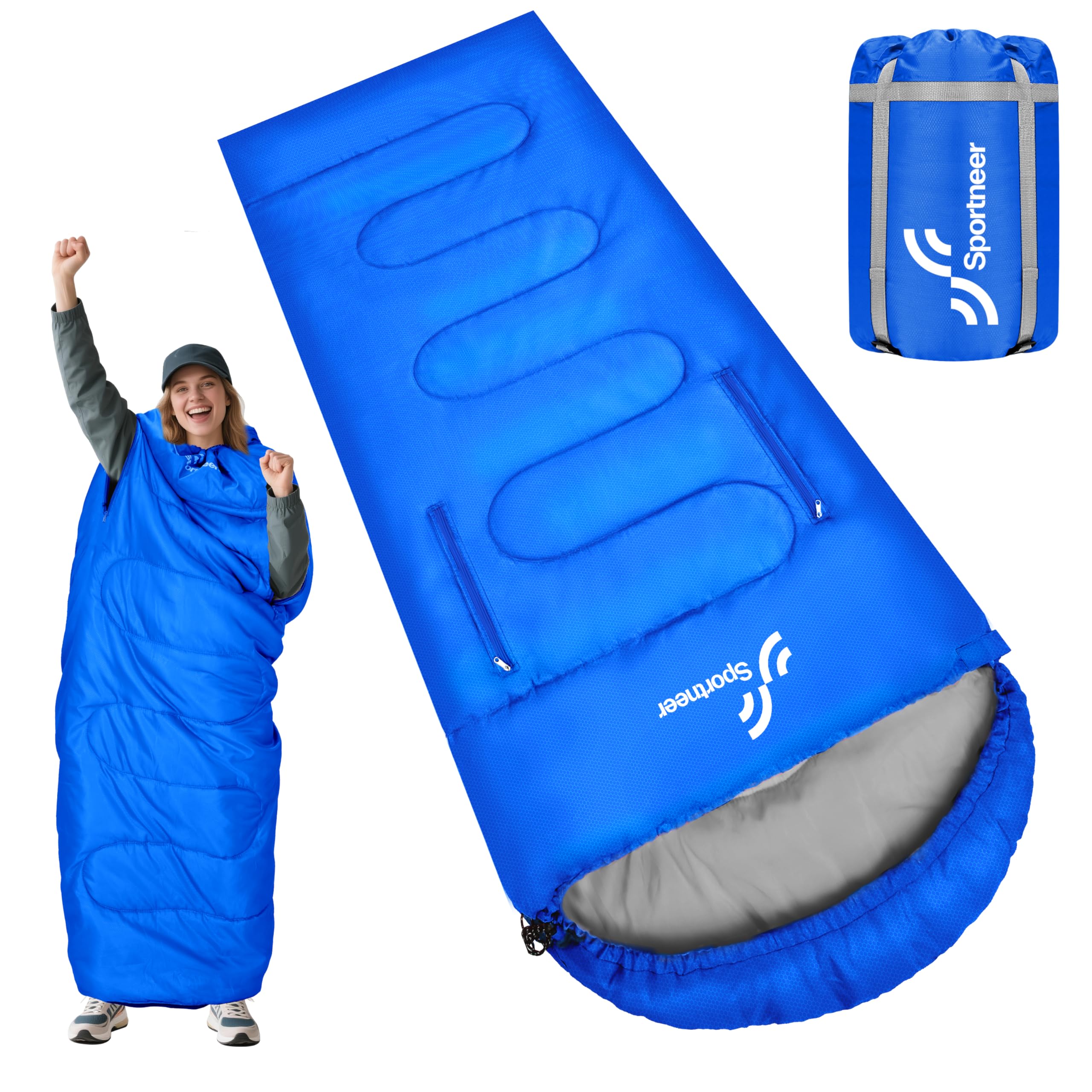 Sportneer Wearable Sleeping Bag for Adults & Kids – Walkable with Arm Zippers, Warm Weather & Cold Waterproof, Compact for Camping, Stadiums, Travel, Backpacking & Car Use