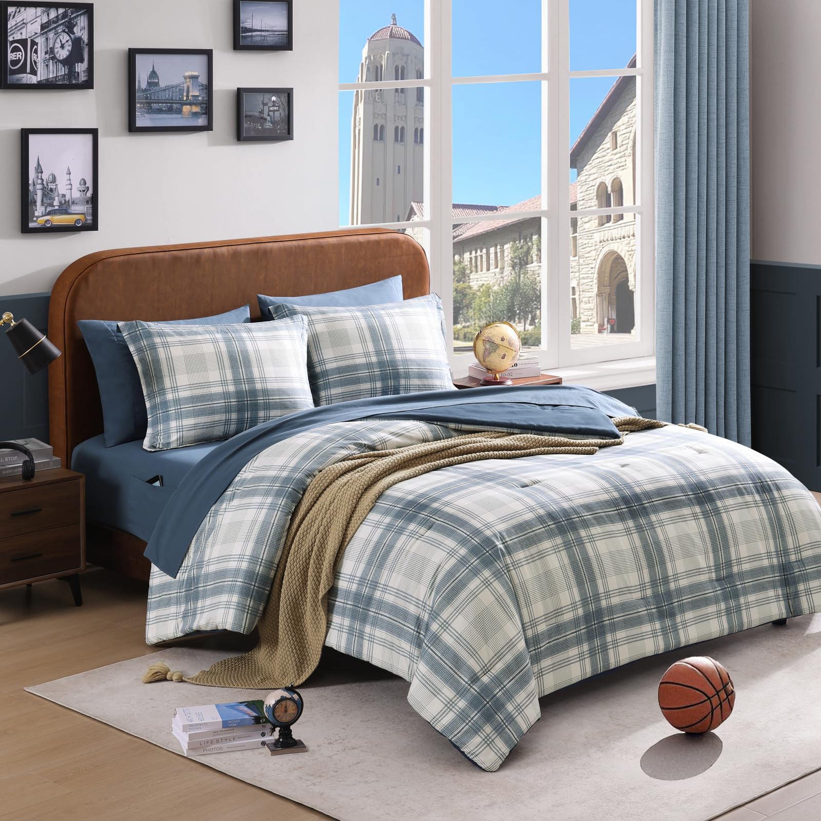AMBERSPACE Plaid Twin XL Comforter Set Black, Reversible Checkered Bedding Set 5 Pieces for Boys Girls Teen, Lightweight Bed in a Bag for Dorm with Sheets, Pillowcase & Sham