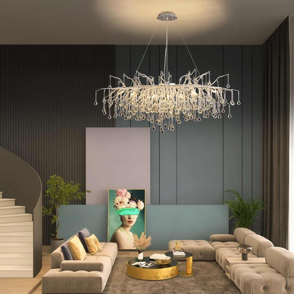 Modern Crystal Raindrop Chandelier, L40'' Black Linear Rectangle Art Deco Tree Branch Lighting Fixture for Kitchen Island Living Room Foyer Staircase 10 Lights