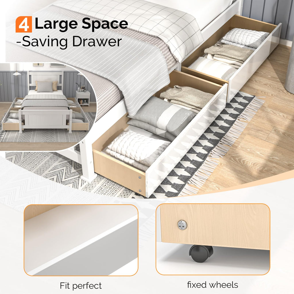 Bonnlo Twin Size Solid Wood Platform Bed Frame, Single Bed with Headboard, No Box Spring Needed Panel Bed, Wood Slat Support Mattress Foundation, White