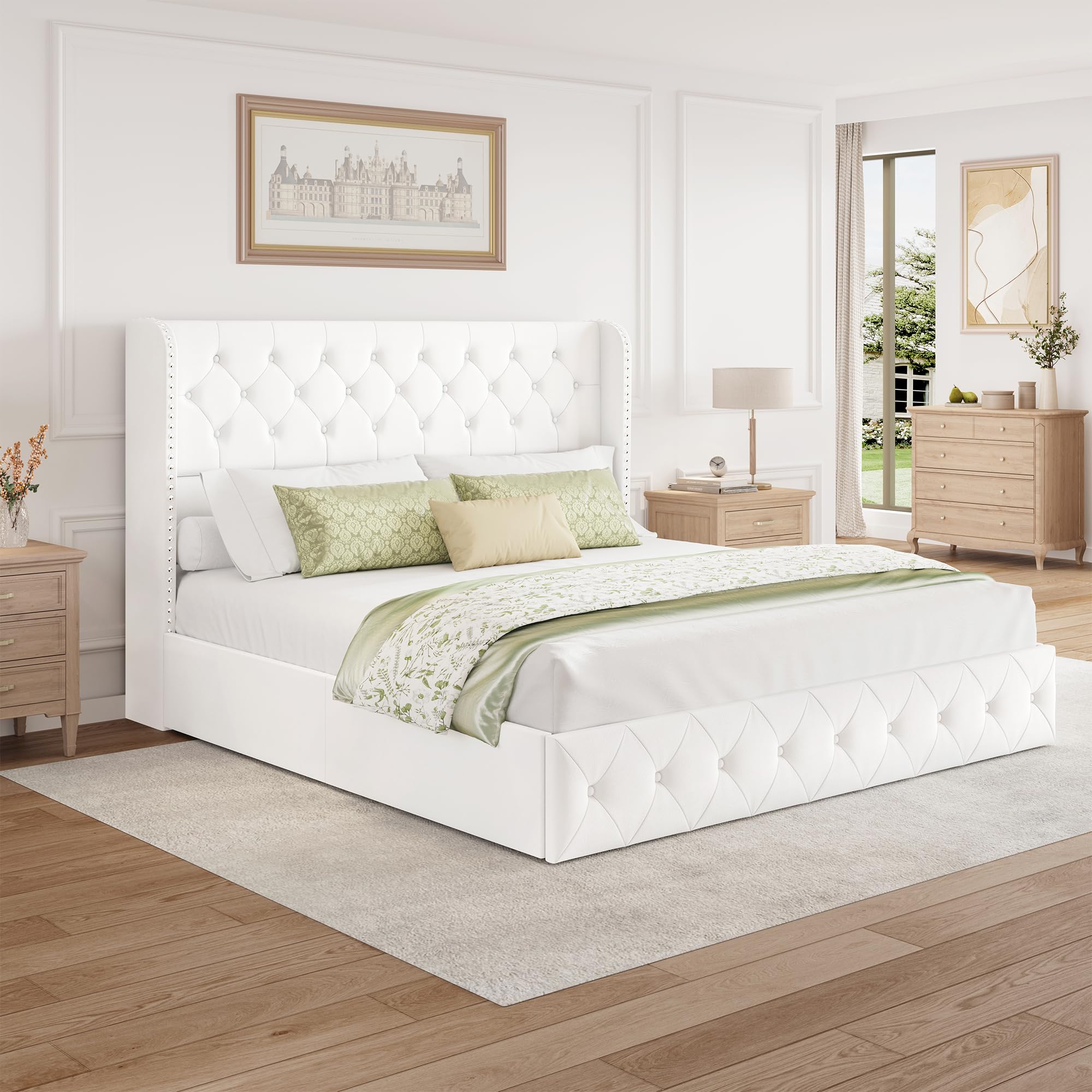 BRELTAM Full Size Bed Frame with Storage Drawers and Wingback Headboard Linen Upholstered Platform Bed Frame Tufted Beds with Heavy Duty Wood Slats, Noise Free, Easy Assembly, Beige