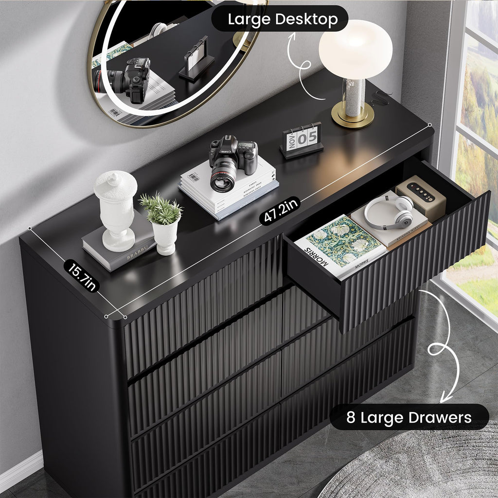 Standifurno Black 56" Tall Dresser for Bedroom, Fluted Modern 6 Drawers Deep Dressers, Wood Chest of Drawers with Handleless, Curved Profil Storage Closet Dressers for Bedroom, Living Room, Hallway