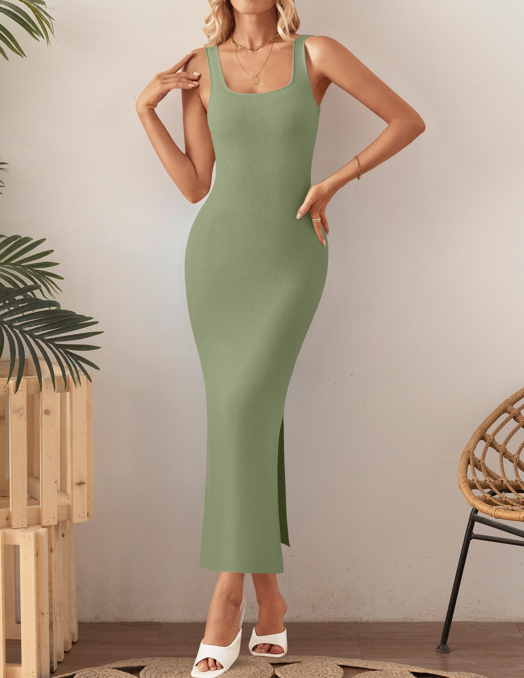 ZESICA Womens 2026 Summer Sleeveless Knit Bodycon Midi Dresses Square Neck Side Slit Beach Vacation Long Sweater Dress