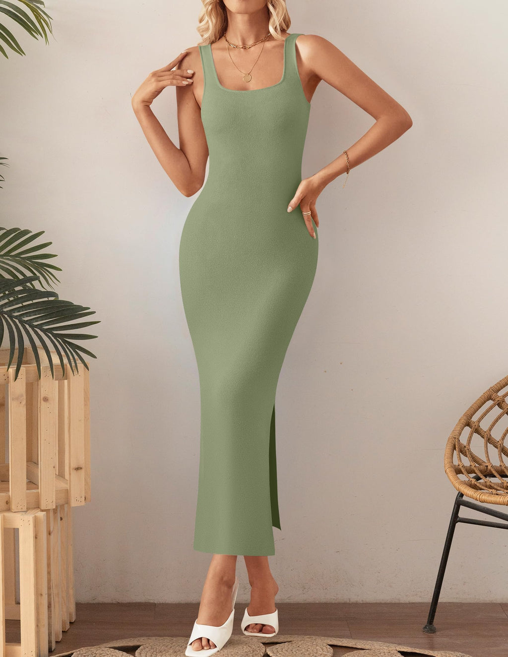 ZESICA Womens 2026 Summer Sleeveless Knit Bodycon Midi Dresses Square Neck Side Slit Beach Vacation Long Sweater Dress