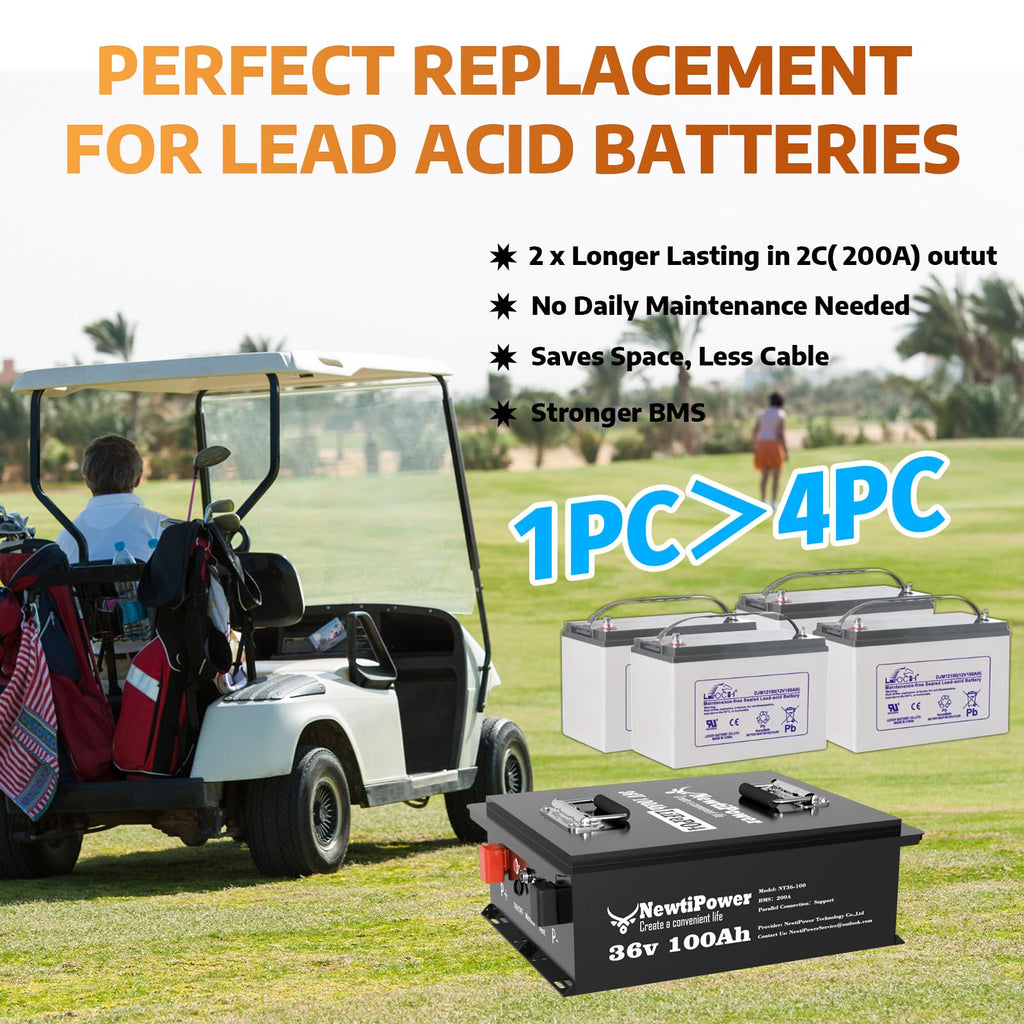 36V 100Ah Golf Cart LiFePO4 Battery with APP&Chager&Monitor,7.6KW Continuous Power Lithium Battery with 200A BMS, Up to 10000+ Rechargeable Cycles, Perfect for golf cart