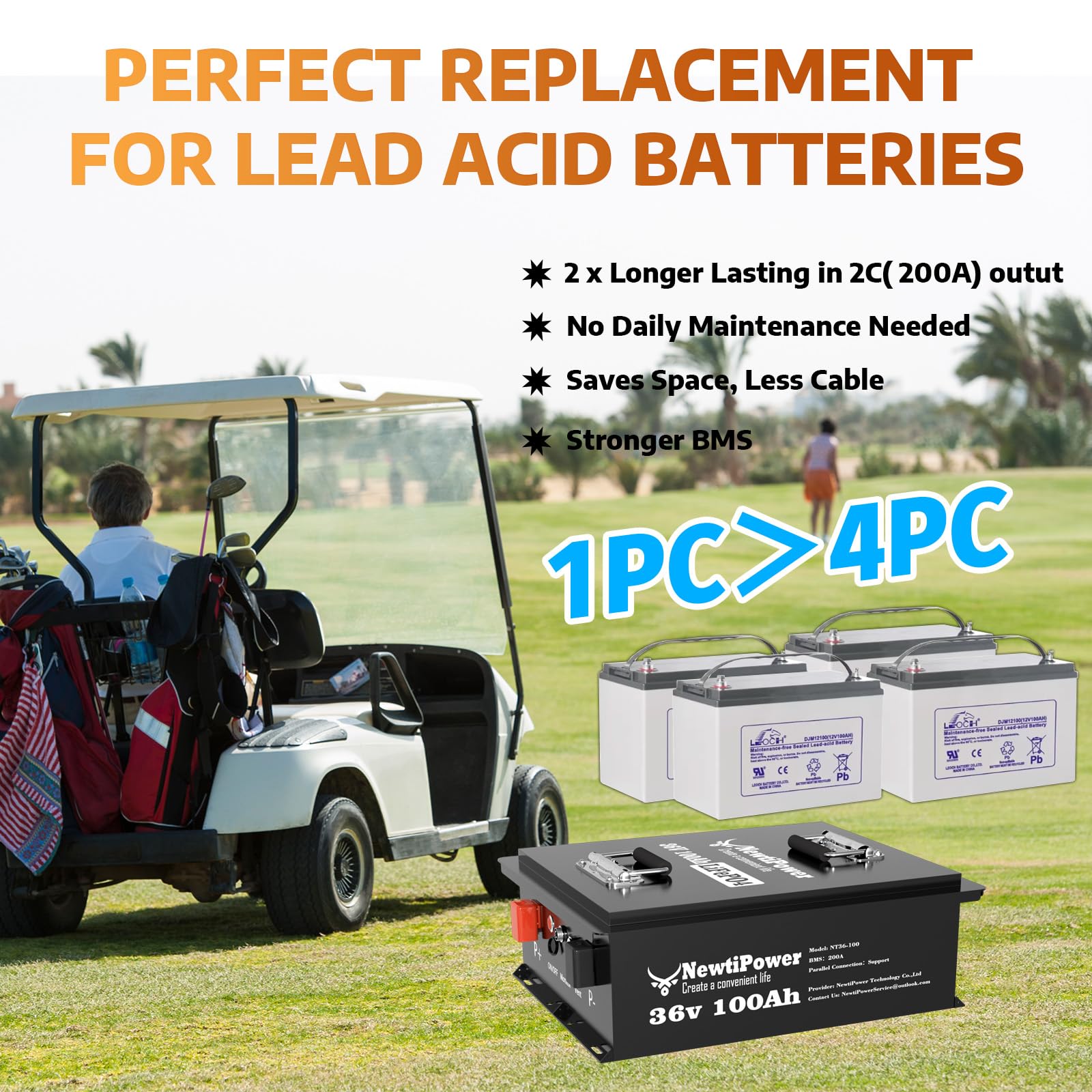 36V 100Ah Golf Cart LiFePO4 Battery with APP&Chager&Monitor,7.6KW Continuous Power Lithium Battery with 200A BMS, Up to 10000+ Rechargeable Cycles, Perfect for golf cart