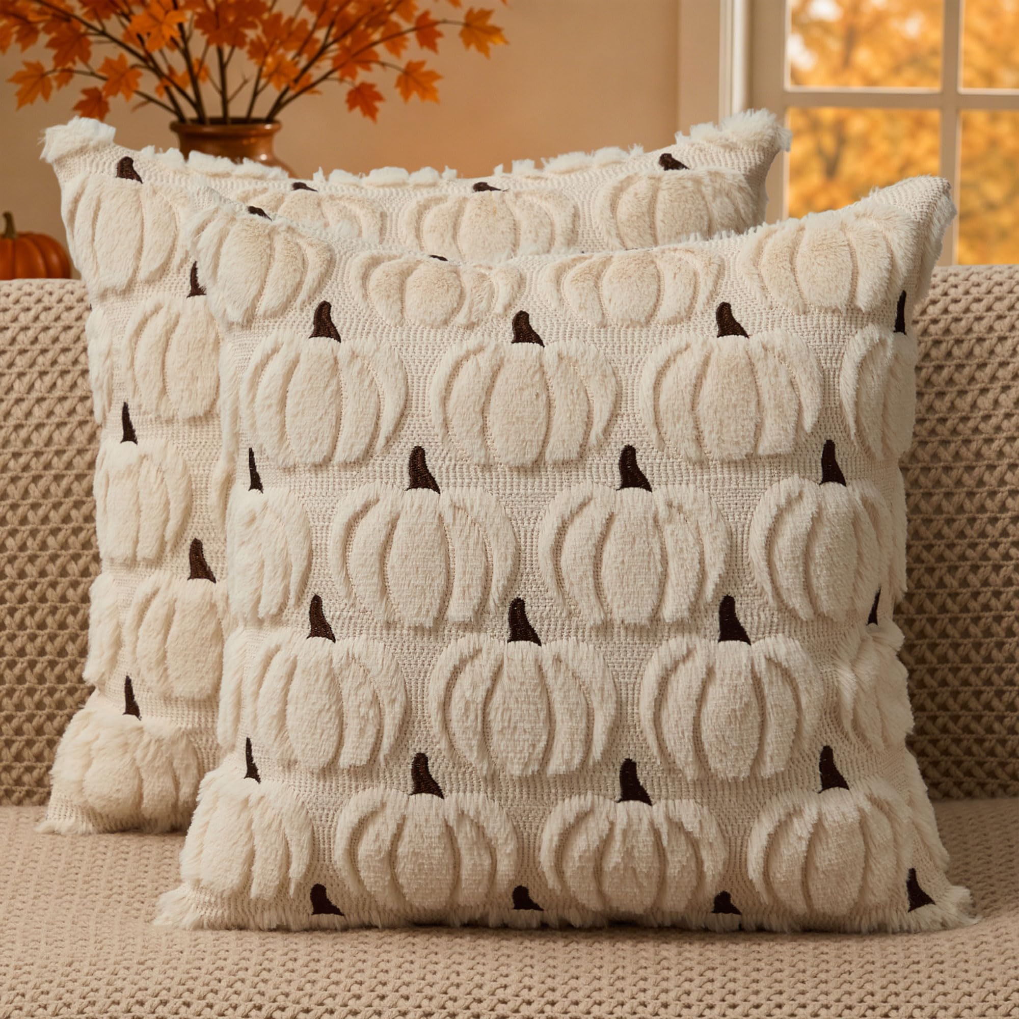 DFXSZ Fall Pillow Covers 16x16 Set of 2 Fall Decorations Autumn Beige Pumpkin Throw Pillow Cases Soft Plush Faux Fur Wool Couch Cushion Case for Chair Sofa Bedroom Living Room Home Decor PTK02B16