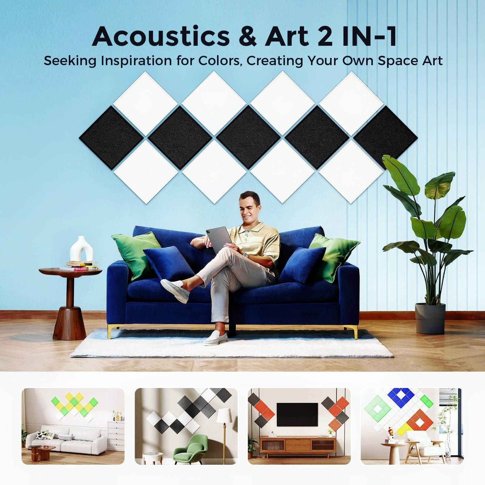 Self-Adhesive Acoustic Panels [390 lbs/yd³ Ultra-High Density], 2nd Generation Sound Absorbing Panel, Professional Level Sound Panel, Polyester Soundproof Foam [Medium Hexagon, Beige]