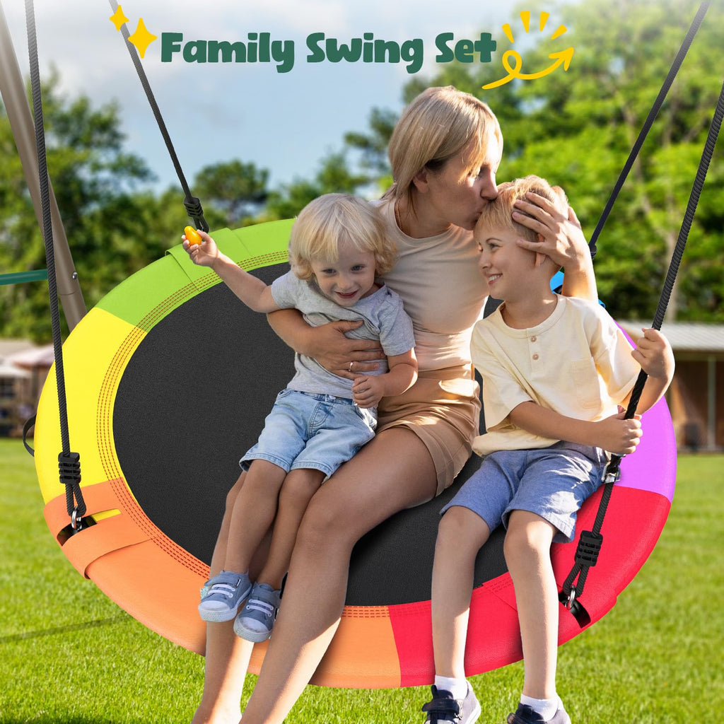 Hapfan 50" Large Saucer Swing with Frame for Kids Outdoor, 6.5 ft Tall 500 lbs Swing Sets for Backyard, Heavy Duty Metal Outdoor Swingset for Adults