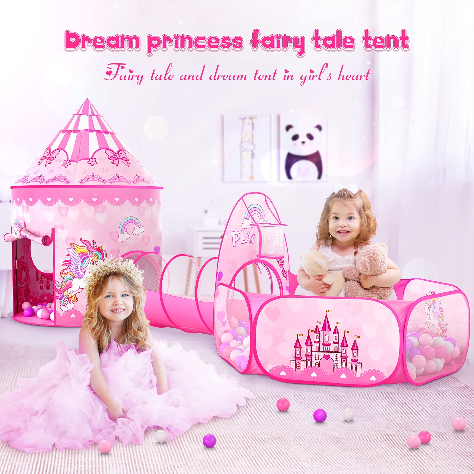 GeerWest 3PC Dinosaur Tent for Girls with Kids Ball Pit, Kids Play Tents and Crawl Tunnel for Toddlers, Pink Pop Up Playhouse Toys for Baby Indoor& Outdoor Tent Games, Birthday Kid’s Gifts