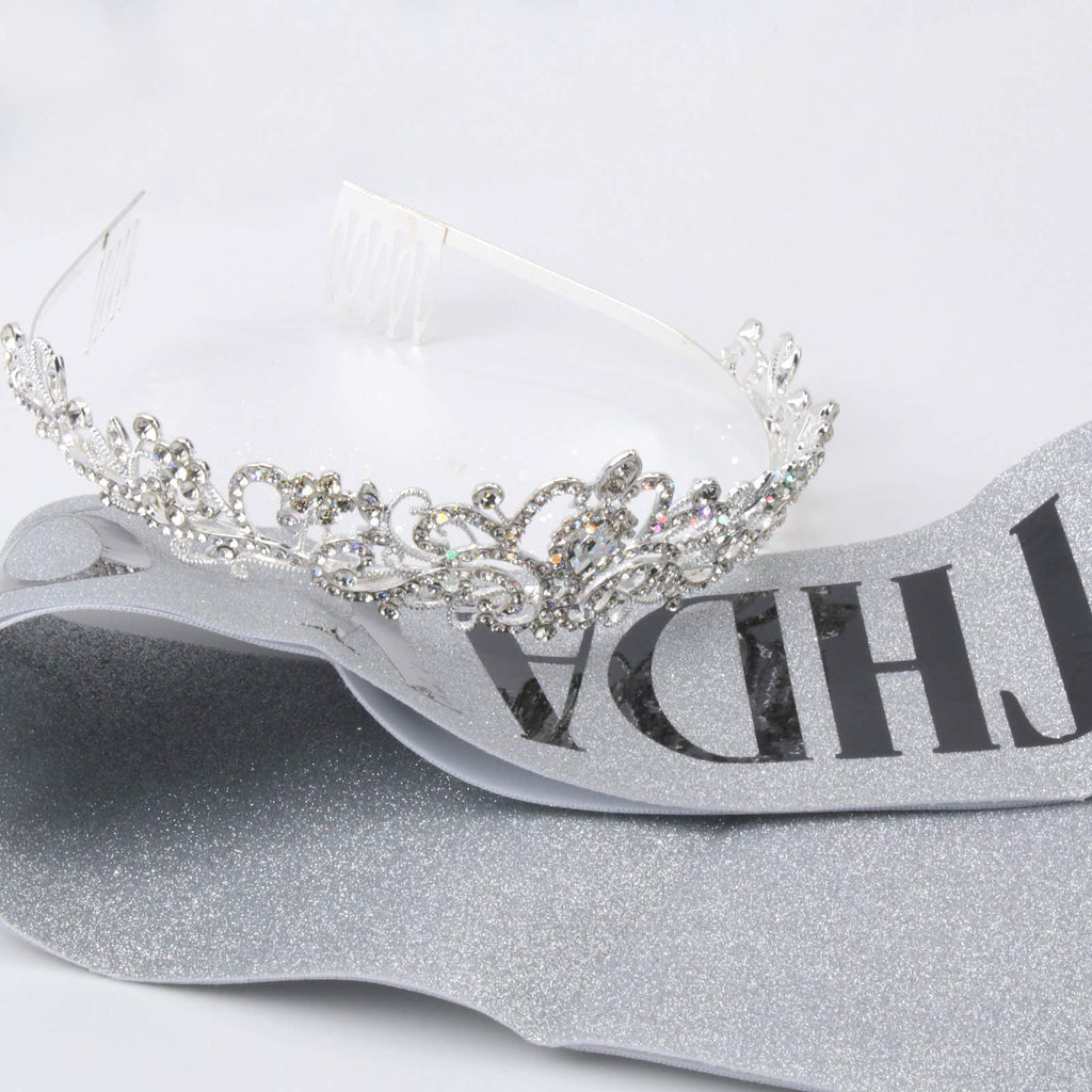 COCIDE Birthday Silver Tiara and Crowns Kit - Silver Tiara, Crown, Sash, Rhinestone Headband, Glitter Sash for Women & Girls Birthday Party Decorations
