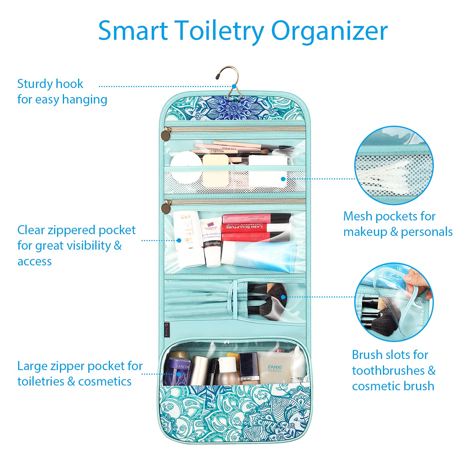 FINTIE Portable Toiletry Cosmetic Travel Bag, Large Water Resistant Hanging Makeup Organizer Storage Pouch Case for Women Girls (Blooming Hibiscus)
