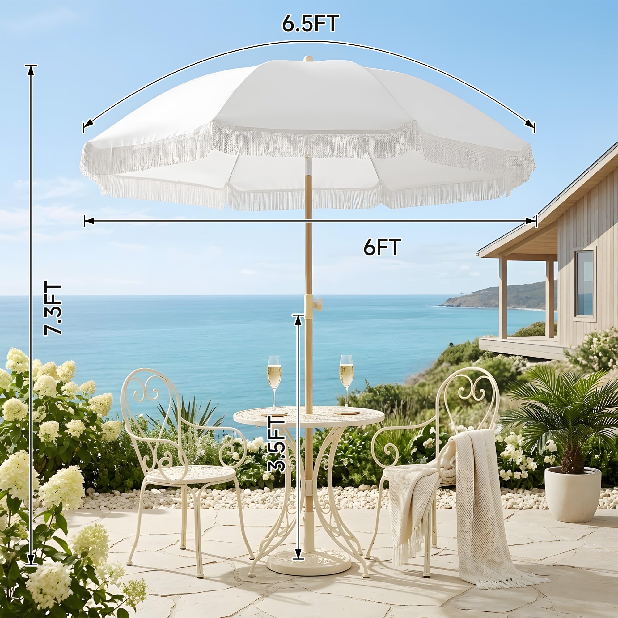 6.5FT Boho Patio Umberlla with Fringe,UPF50+ Outdoor Umbrella with Fiberglass Ribs and Push Button Tilt,Tassels Umbrella for Beach,Terrace,Picnic